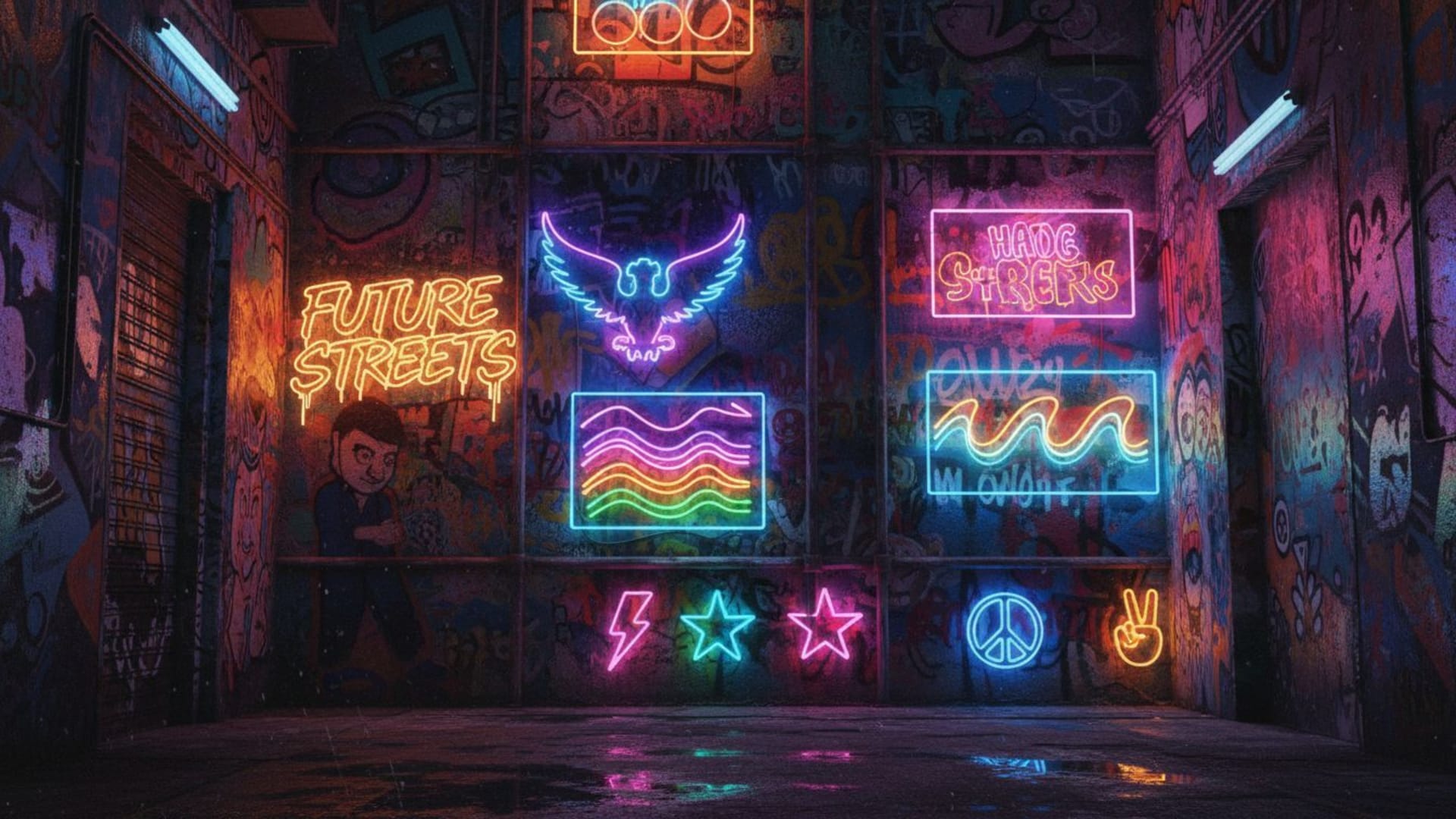 enseignes au néon brillantes graffiti art urbain coloré fond ecran vibrant