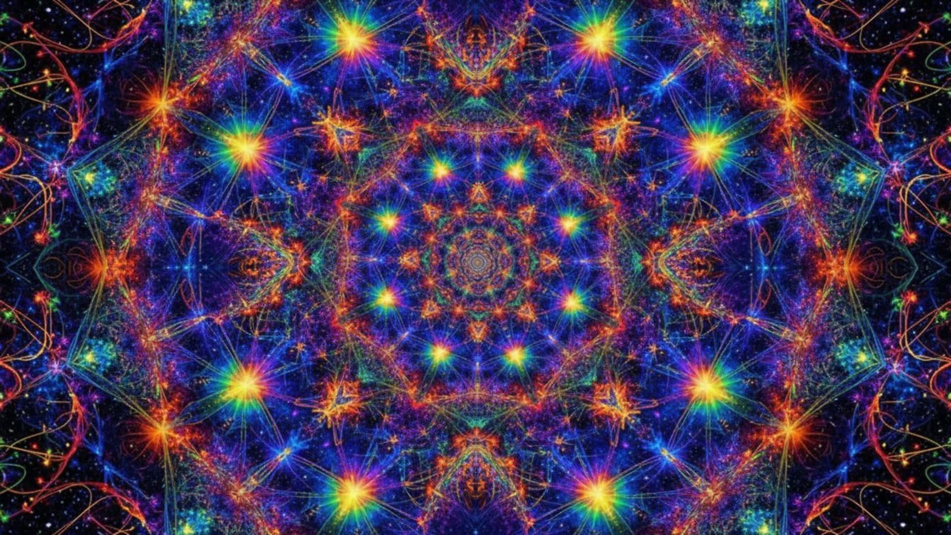 Motif fractal espace-temps kaléidoscopique, couleurs vibrantes, symétrie, fond d'écran mandala orbital cyclique, art numérique.