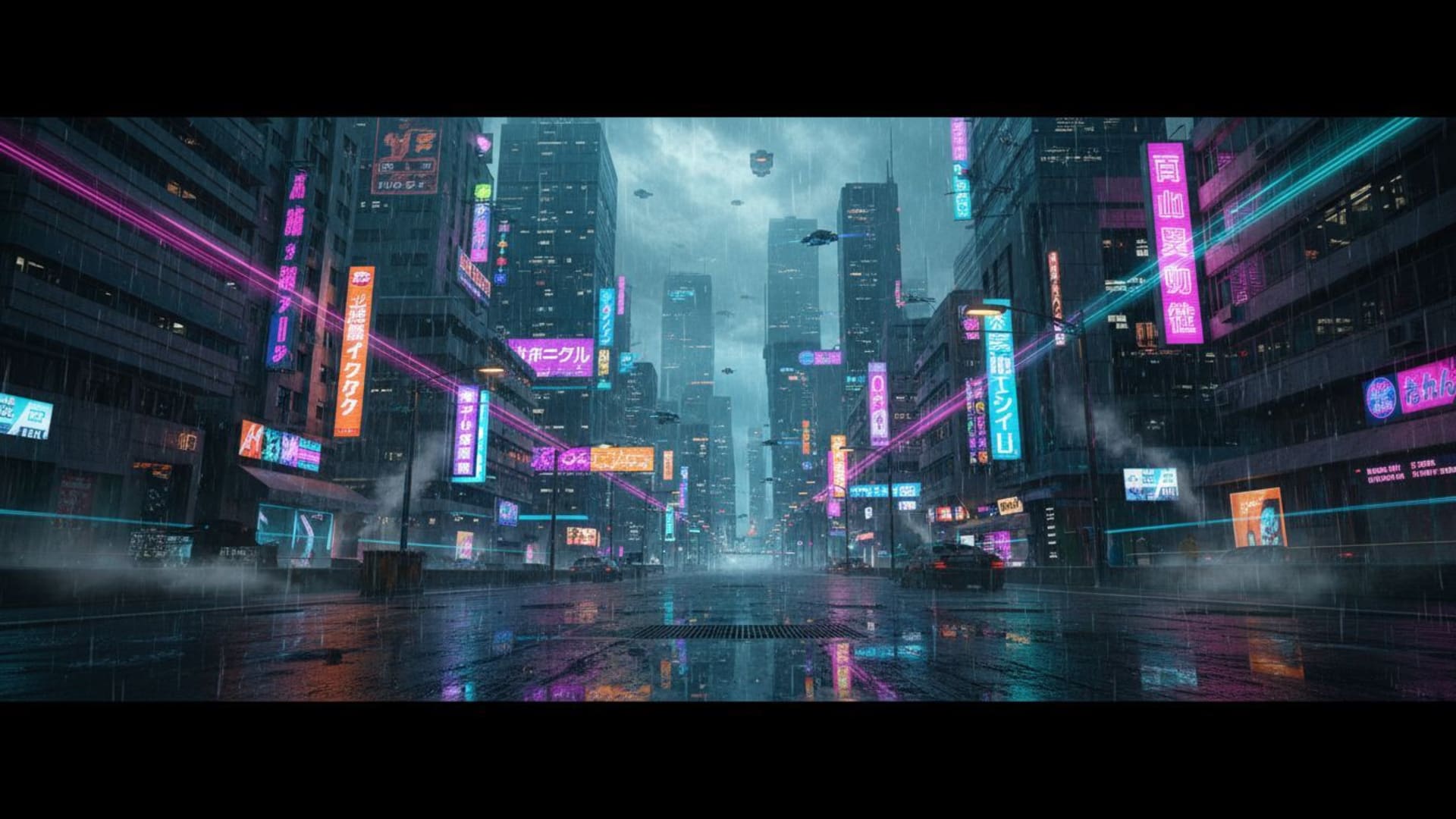 ville cyberpunk nuit pluie enseignes néon rues réfléchissantes horizon futuriste ambiance synthwave mélancolique