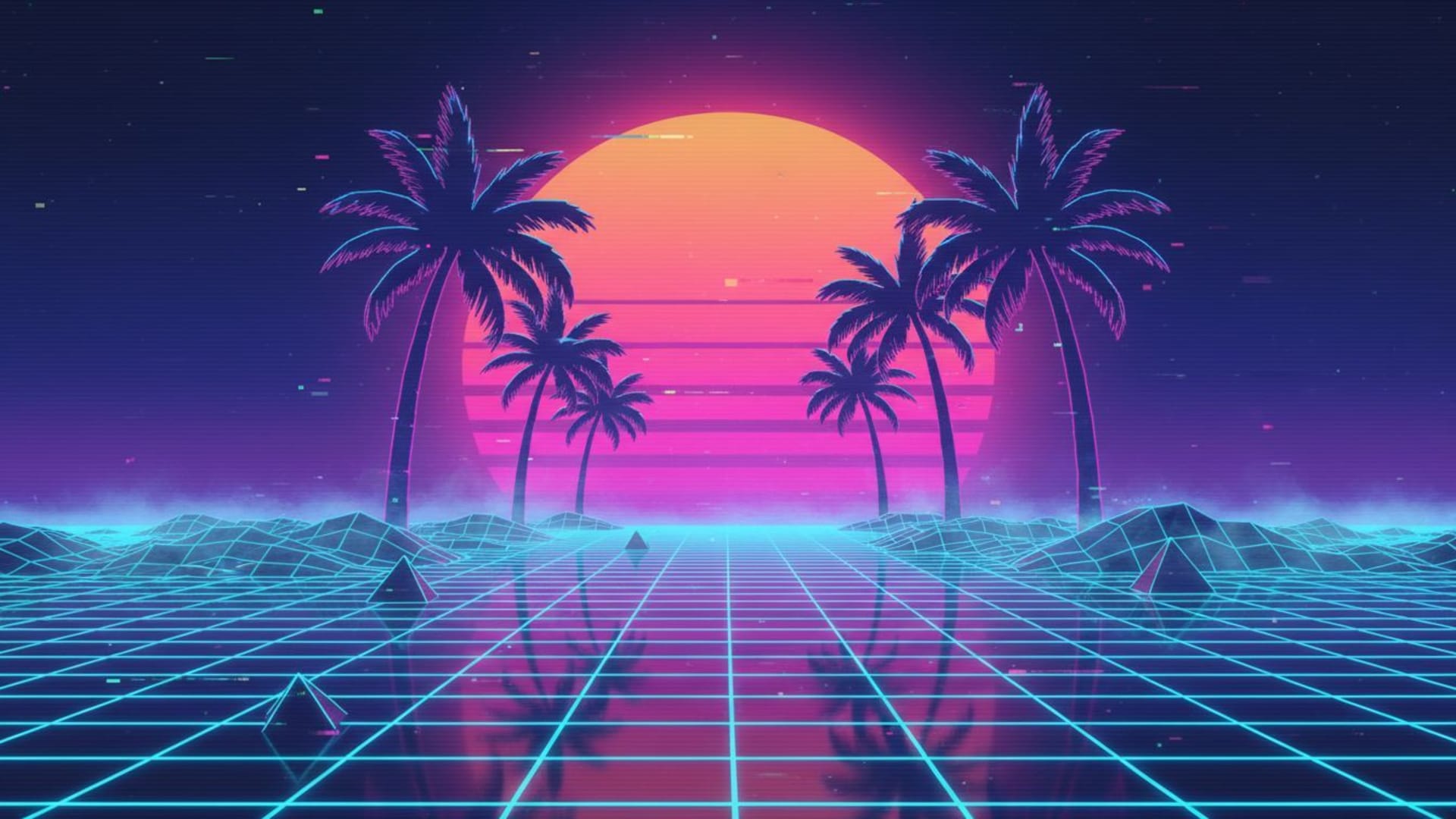 Crépuscule rétro des années 80 vaporwave palmiers grille glitchs synthwave néon vapor art fond d'écran