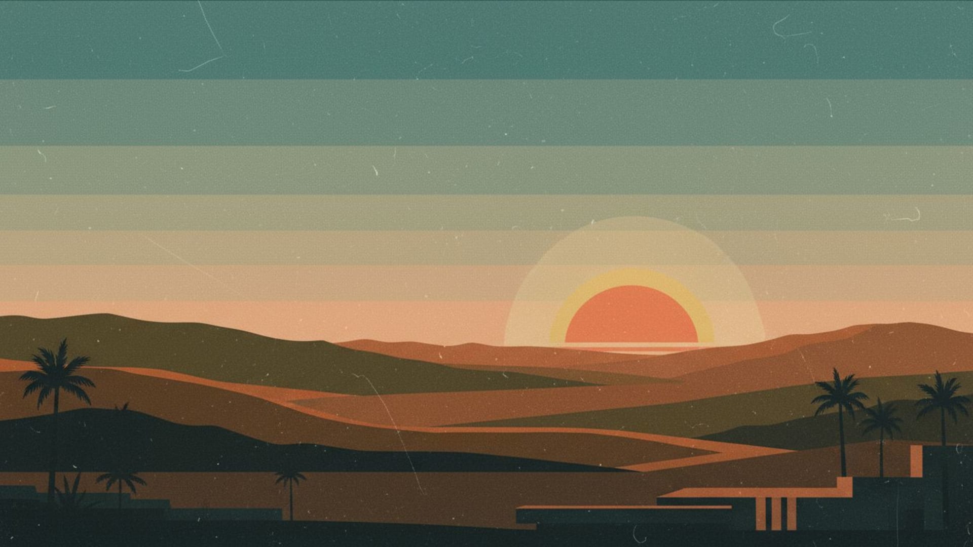 esthétique de grain de film classique et vintage, tons atténués, fond ecran rétro au coucher du soleil.