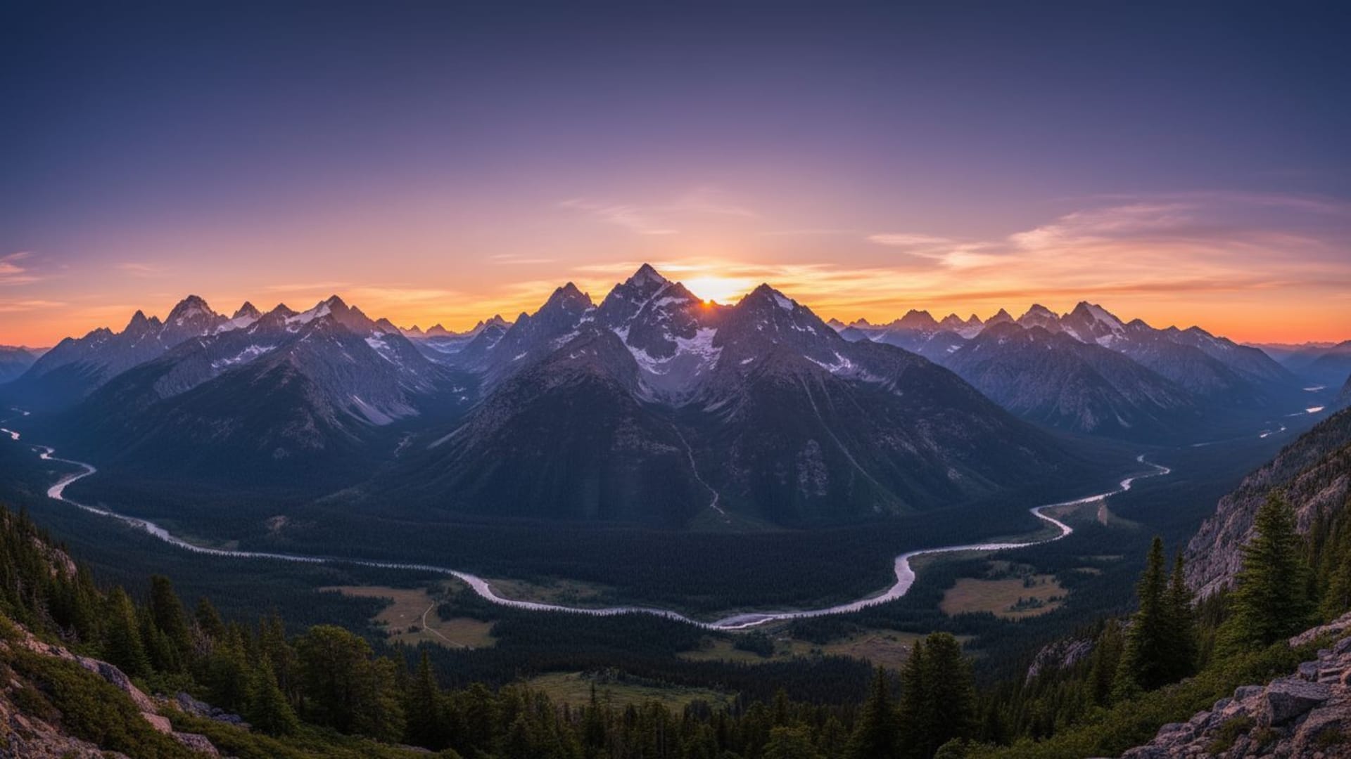 chaîne de montagnes lever de soleil ciel bleu orange dégradé nature paysage fond d'écran panoramique vaste panorama