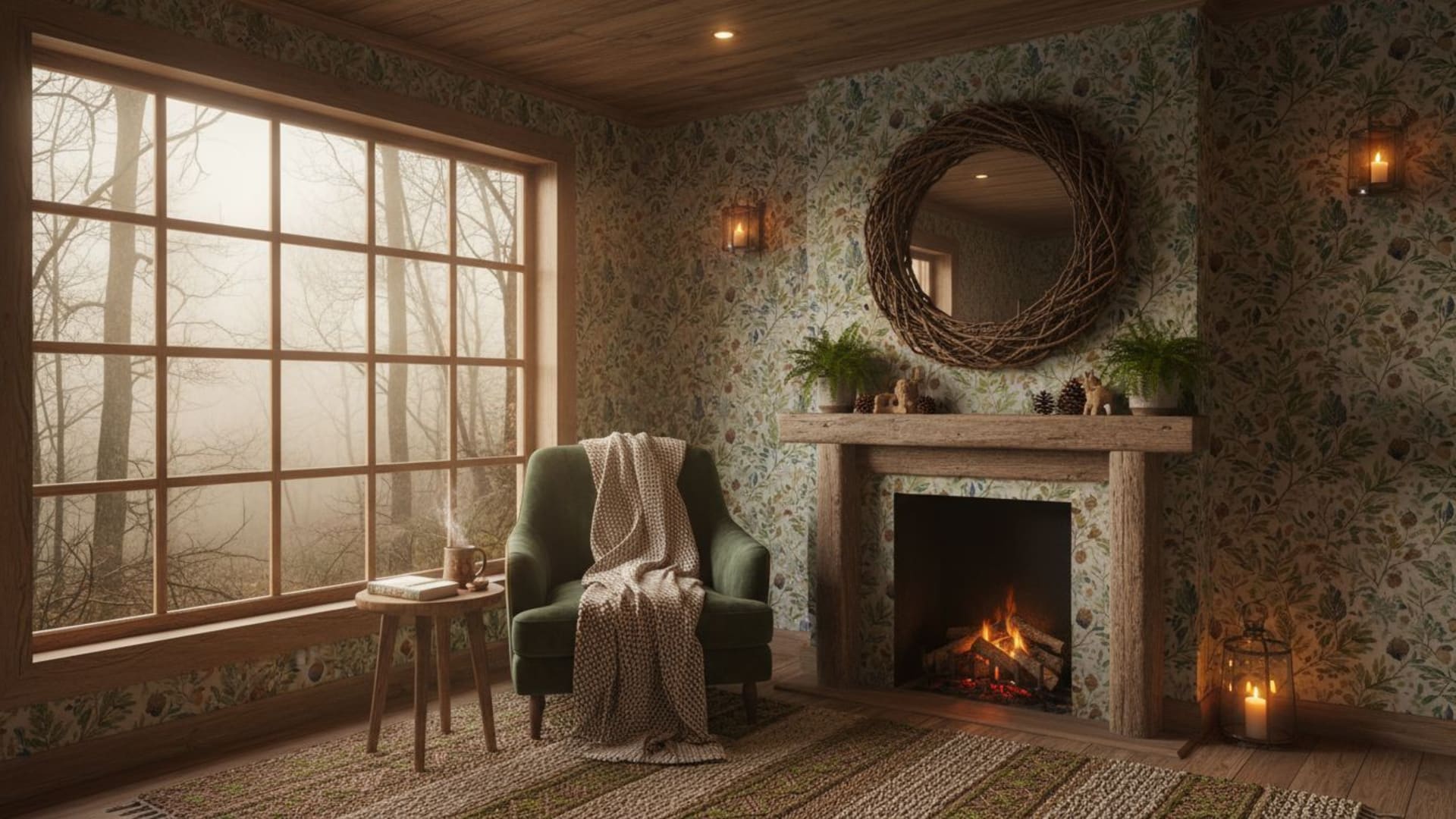 brouillard de forêt brume maison en bois confortable fond ecran lumière chaude décoration inspirée de la nature