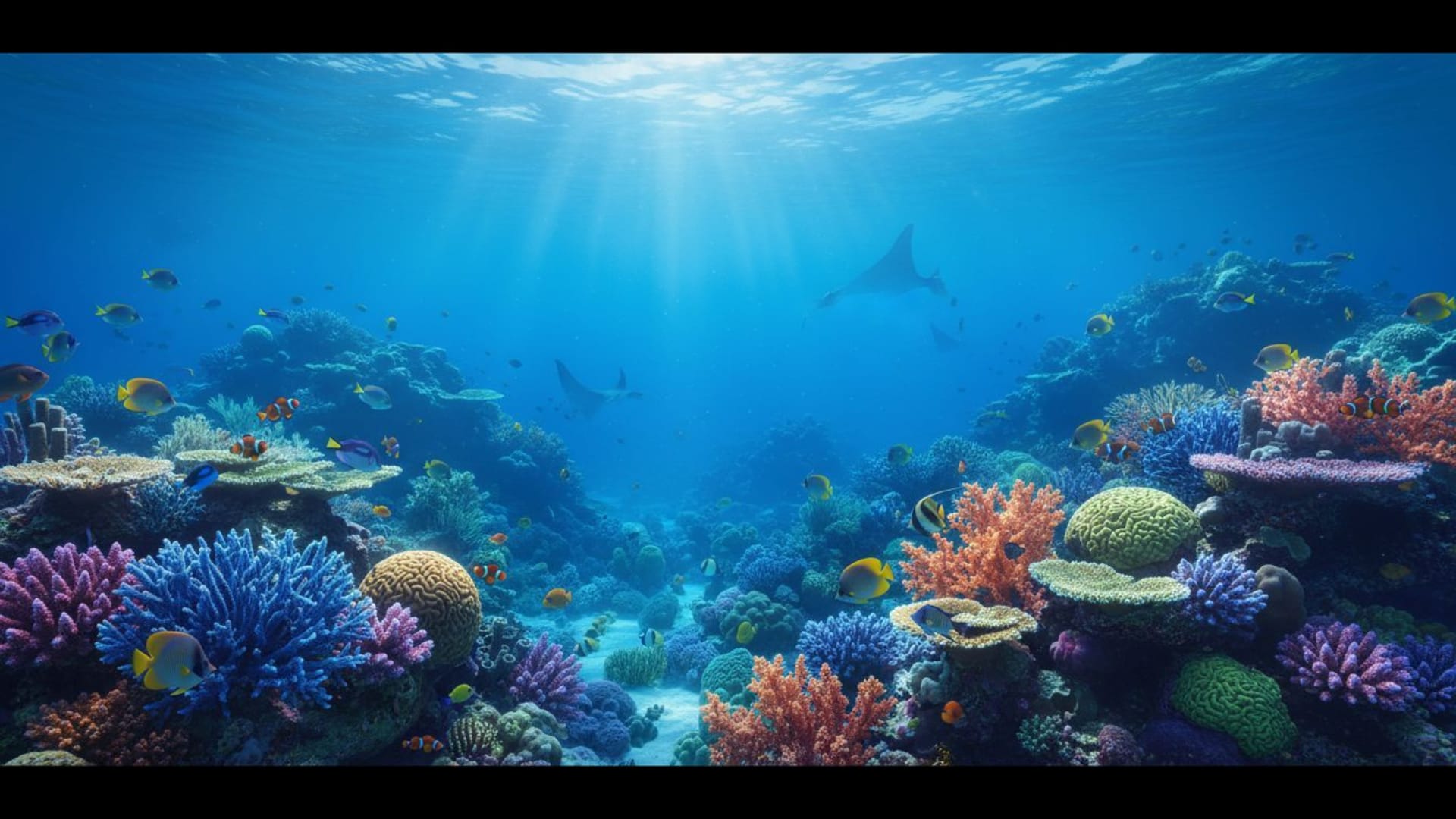 récif corallien sous-marin poissons tropicaux eau bleue éclairage vif fond ecran sereinité océanique
