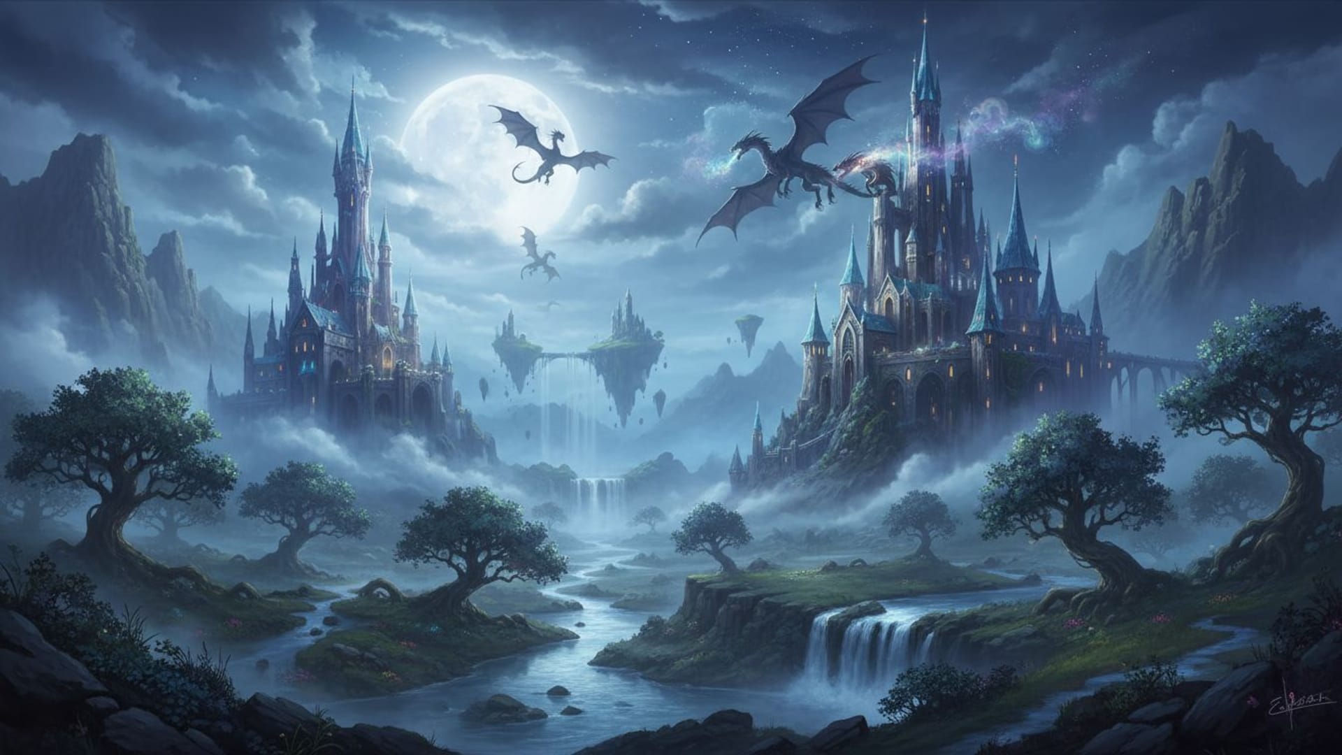 paysage fantastique dragons châteaux brume magique éclairé par la lune fond ecran onirique surréaliste