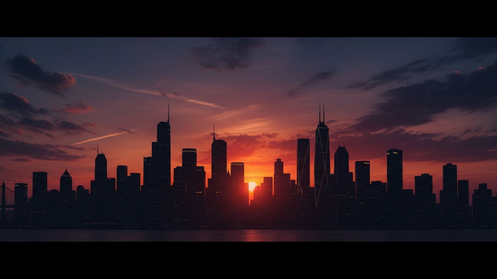 silhouette du coucher de soleil sur la horizon urbain paysage urbain panoramique fond d'écran sombre dramatique lumière