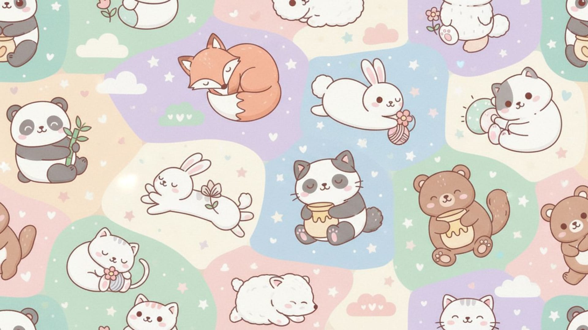 des motifs d'animaux mignons kawaii, des blocs de couleurs pastel douces, un fond d'écran ludique