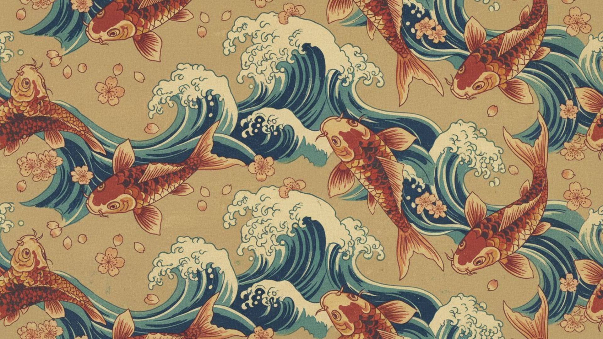 fond ecran vintage ukiyo-e japonais poissons koi vagues motif art traditionnel décoration asiatique