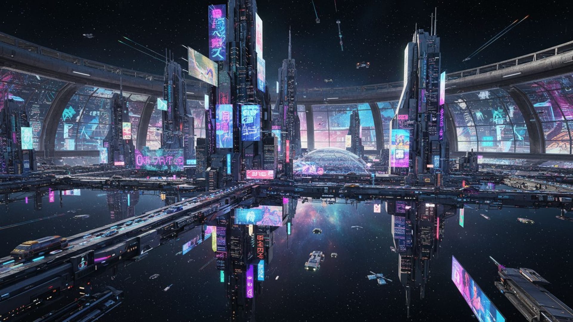 Paysage urbain cyberpunk de néon de science-fiction station spatiale surfaces métalliques fond ecran holographique futuriste