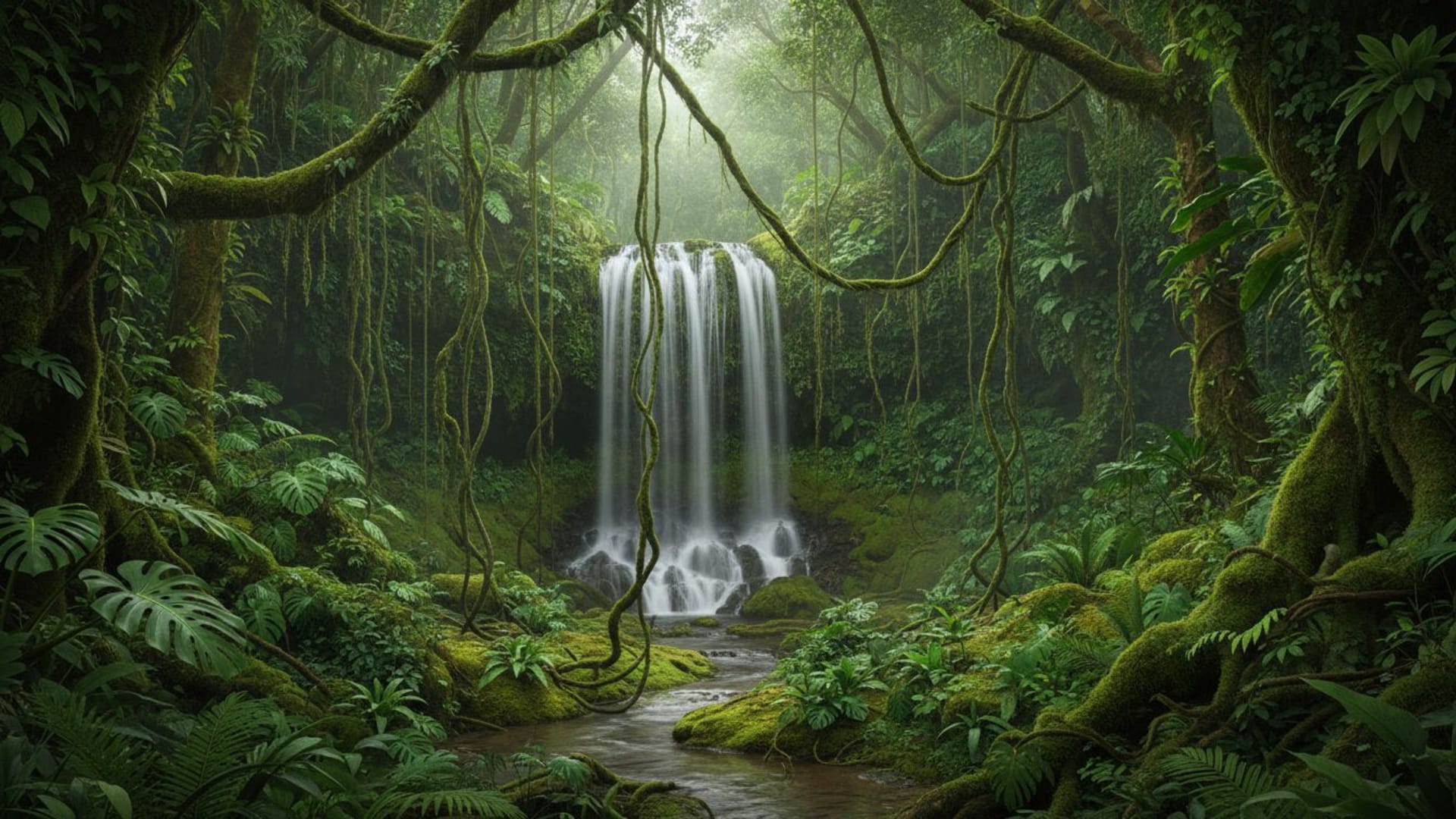 cascade de forêt tropicale mousse végétation luxuriante verdoyante nature évasion