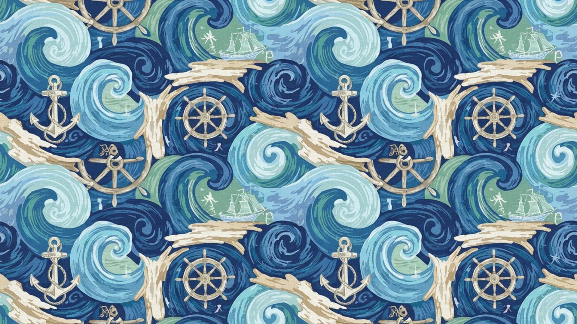 débris flottants thème nautique océan bleu roue de navire ancre fond ecran côtier serein maritime