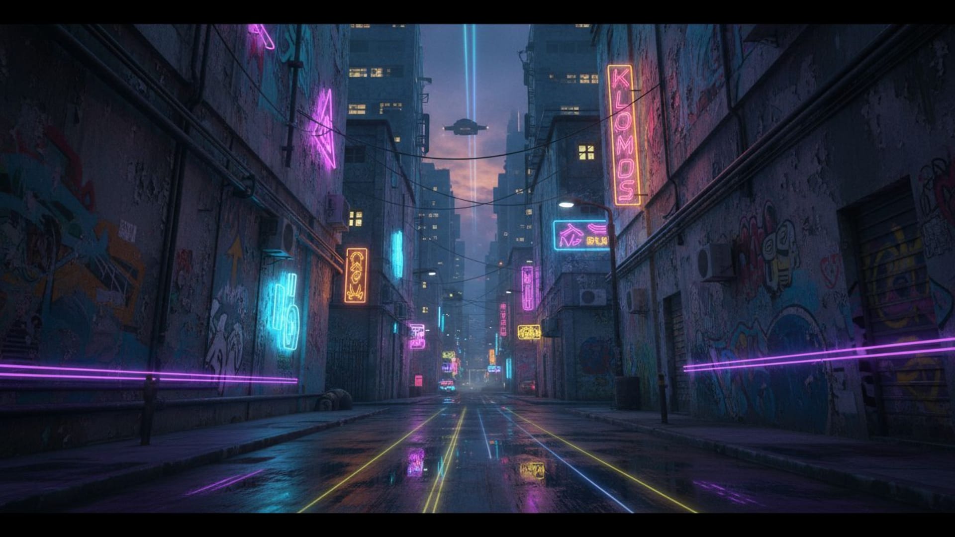 enseignes au néon graffiti art de rue nuit ville lumière reflets rétro futuriste fond ecran