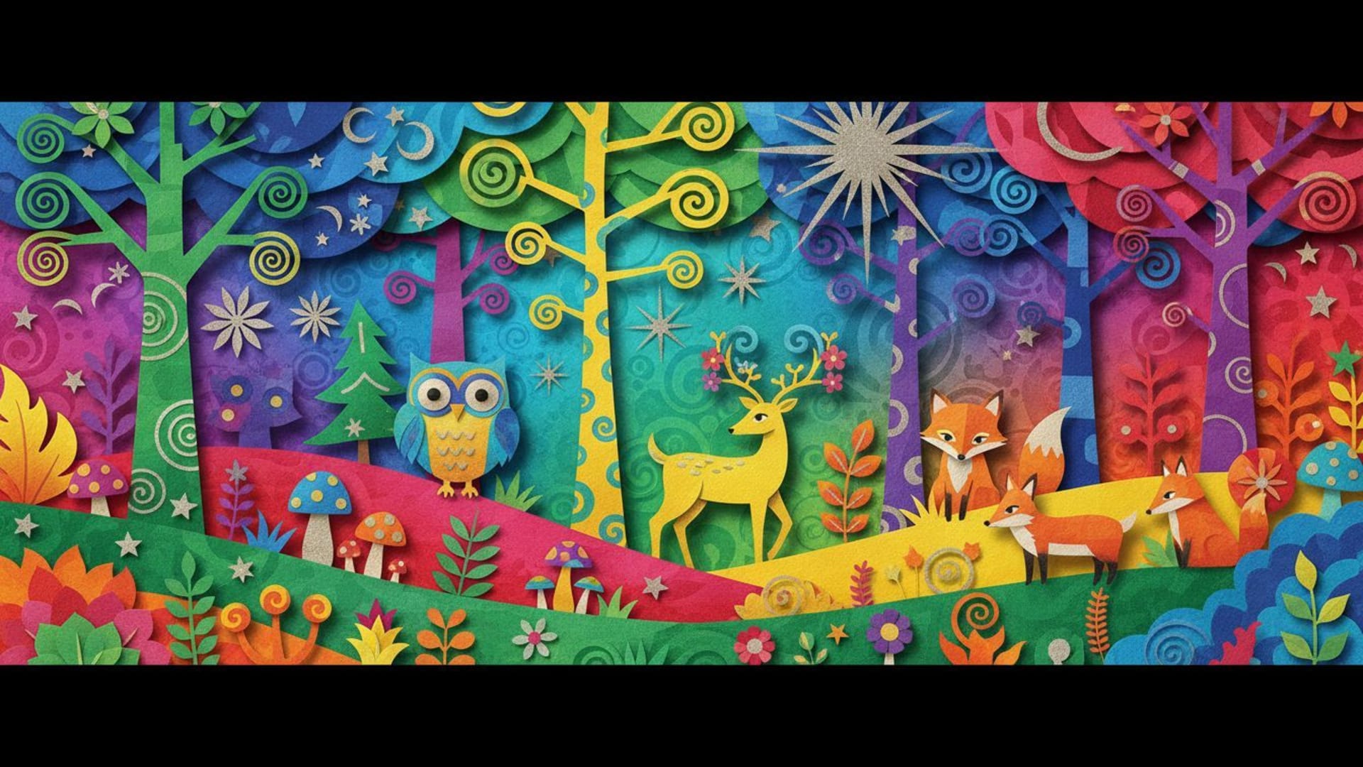 Collage de coupures de papier, style collage, art en papier, couleurs vibrantes, fond ecran, fantasque