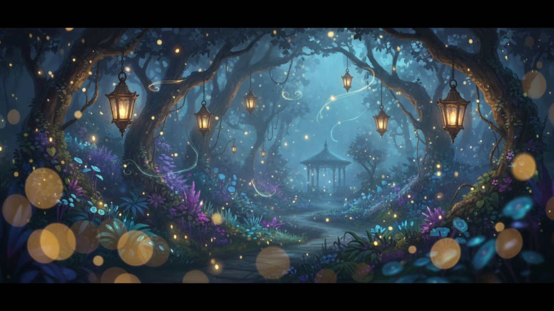 nuit de rêve jardin lanterne lucioles éclat magique douceur flou fond ecran rêve fantaisiste