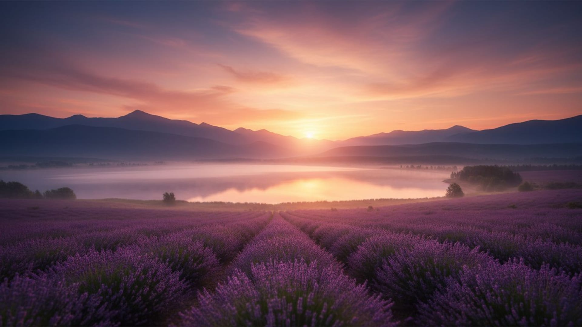 coucher de soleil sur des montagnes, champs de lavande, lac brumeux, paysage de rêve, fond d'écran