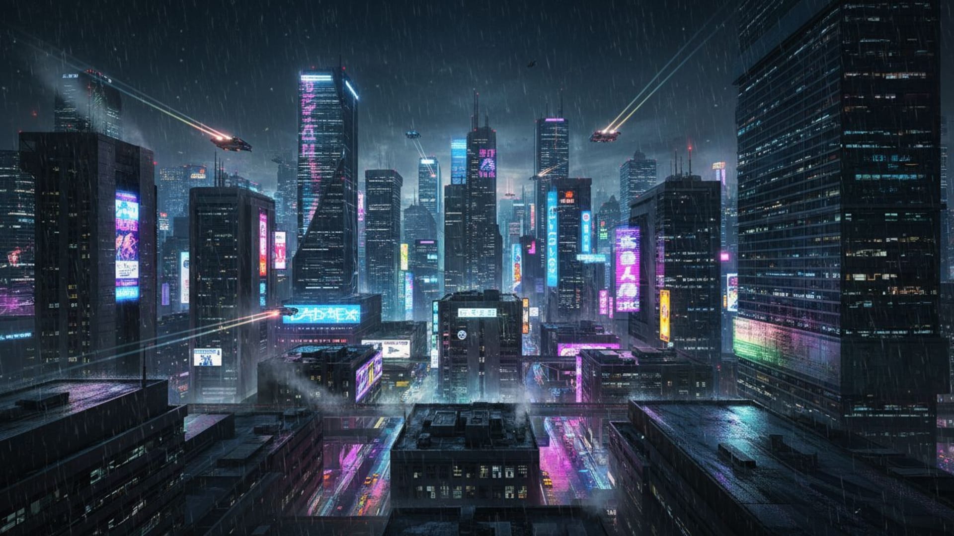 Paysage urbain cyberpunk nocturne sous la pluie avec reflets, horizon futuriste, fond ecran, couleurs