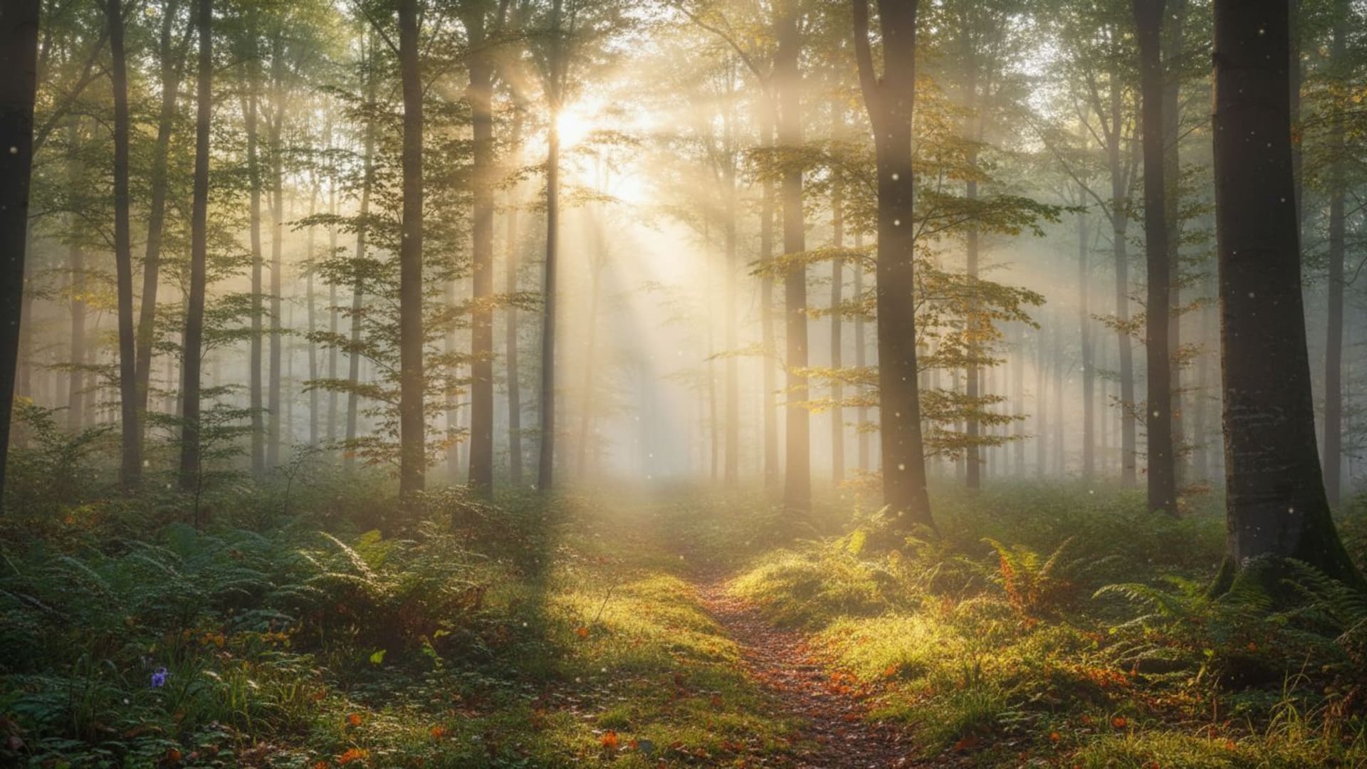 brouillard de forêt, lumière du matin tôt, lumière du soleil à travers les arbres, éclats de soleil, nature, fond ecrane