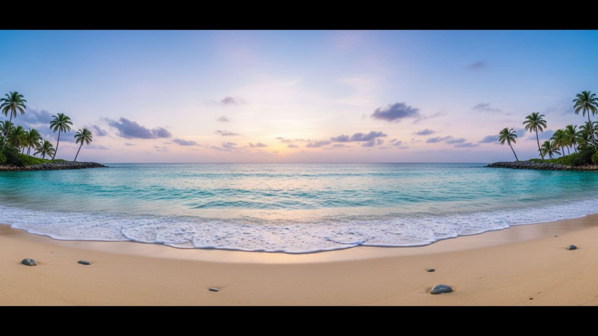 Vagues océan turquoise horizon palmiers plage sereine fond ecran apaisant bleu