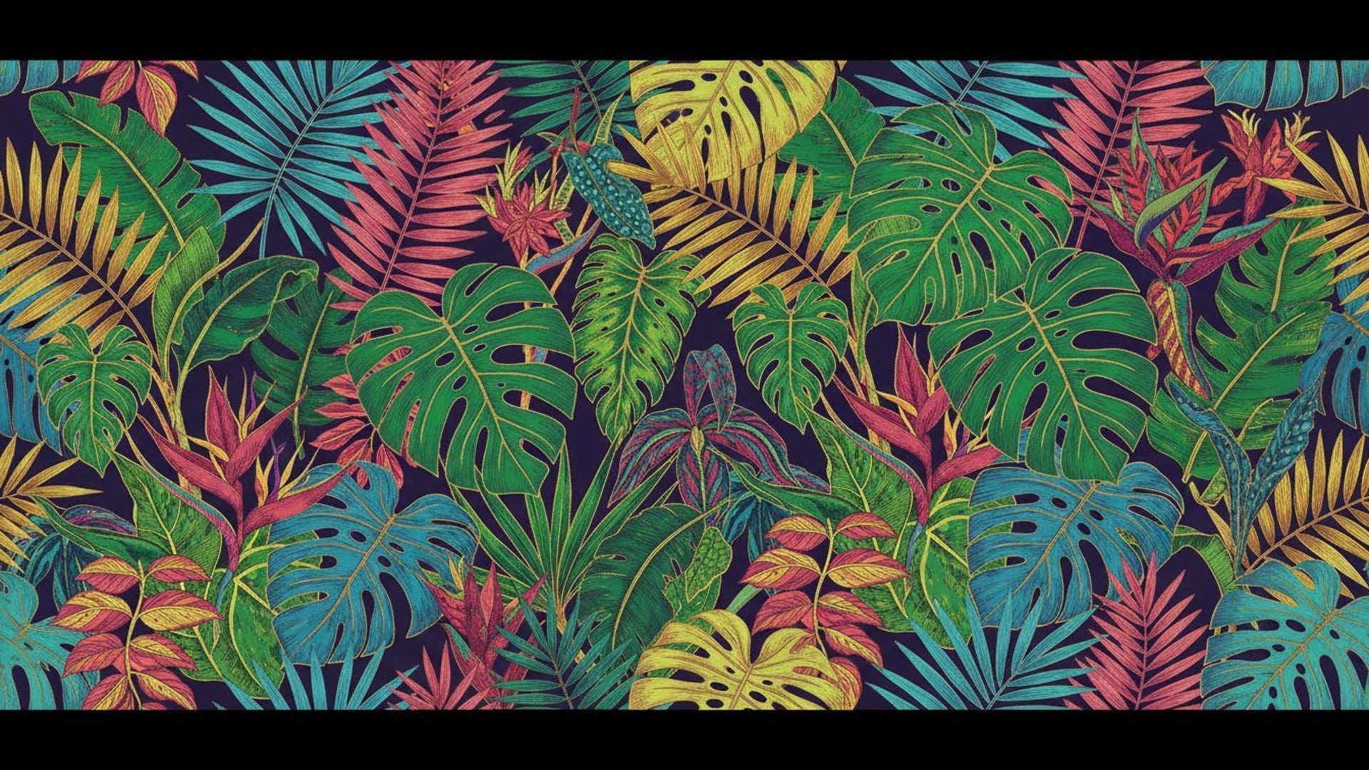 feuilles de jungle tropicale, monstera, palmier, fond ecran luxuriant aux couleurs vibrantes