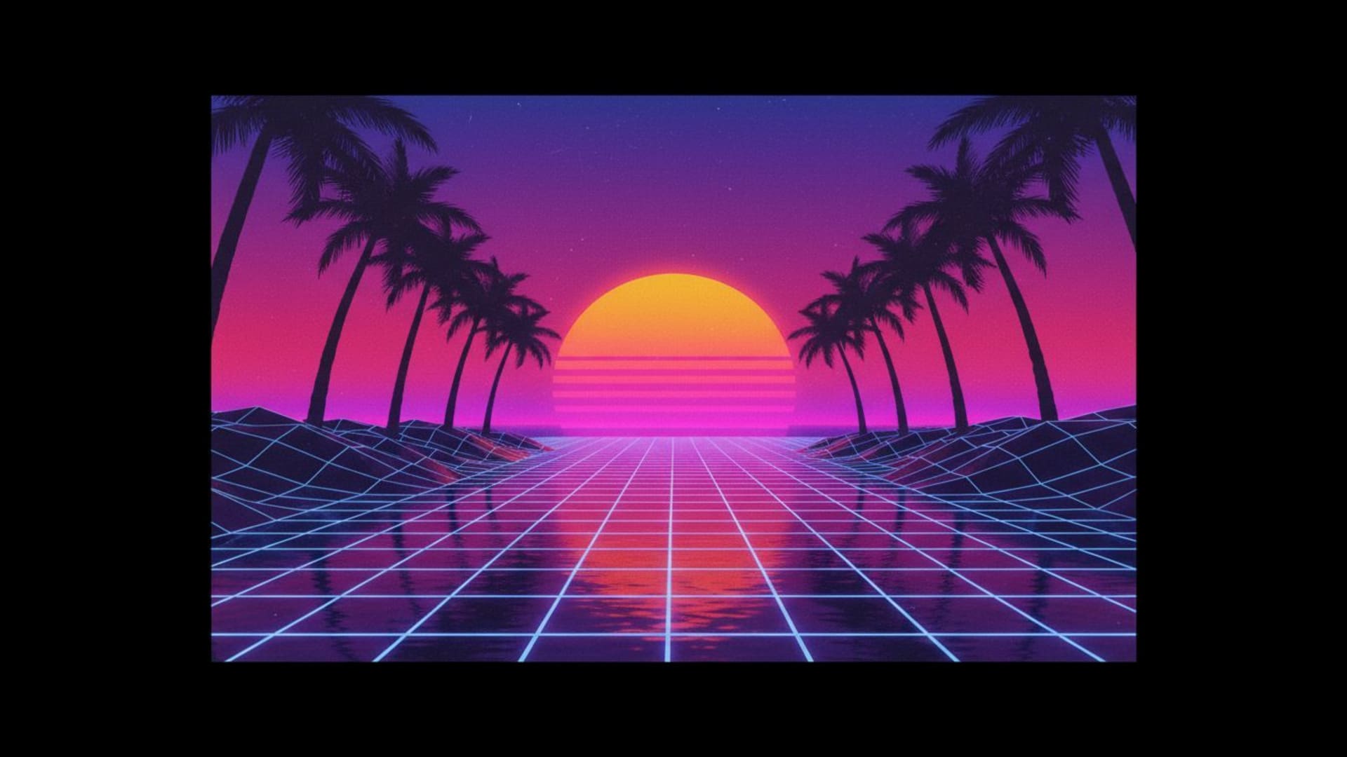 crépuscule vaporwave rétro grille palmiers rose violet bleu fond ecran
