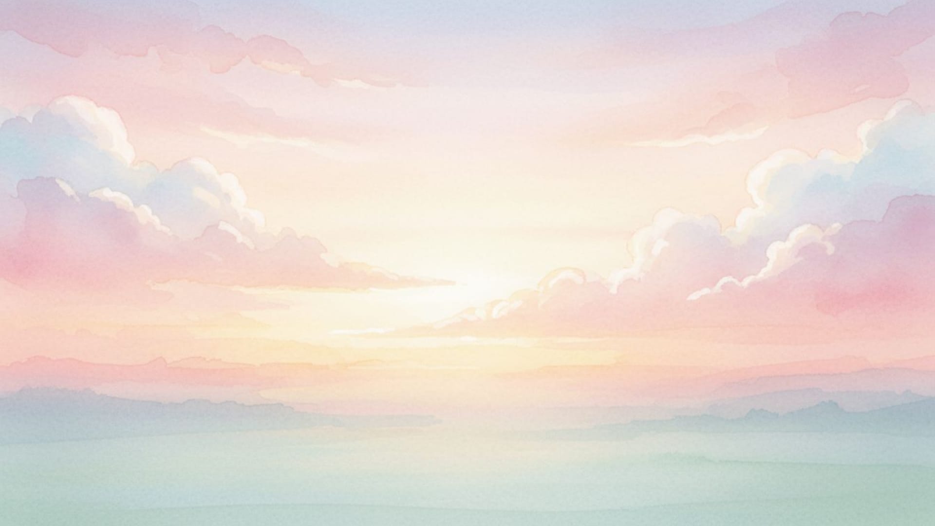 ciel pastel à l'aquarelle dégradé avec nuages brume douce ambiance rêveuse fond d'écran rose poudré au lever du soleil doux