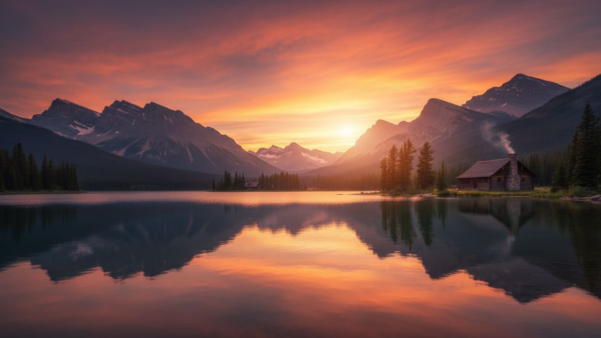 cabane au bord du lac en montagne au coucher du soleil heure dorée voyage fond ecran paysage paisible