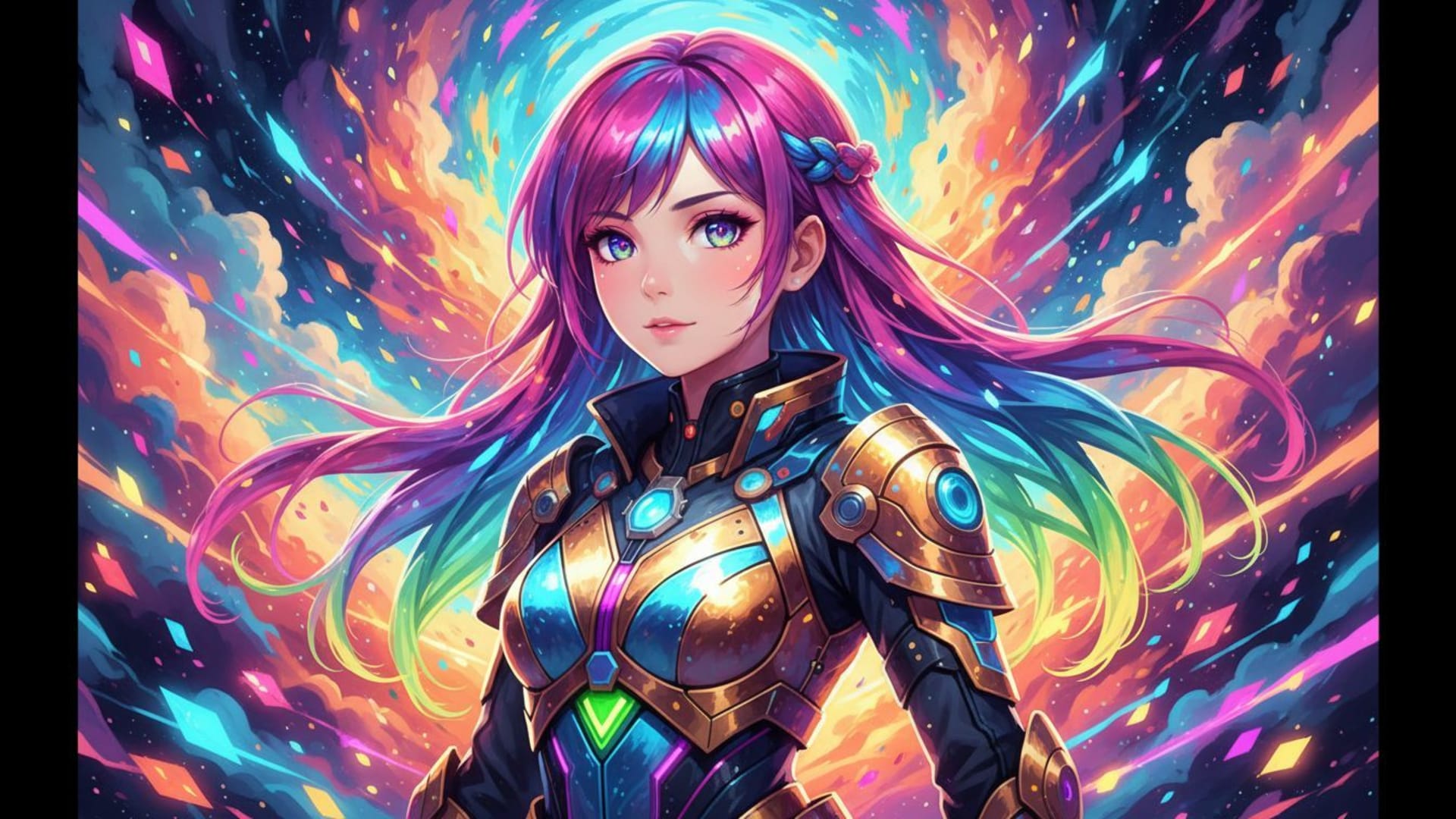 portrait de personnage coloré dans un style animé avec éclairage dynamique et art de fond vibrant