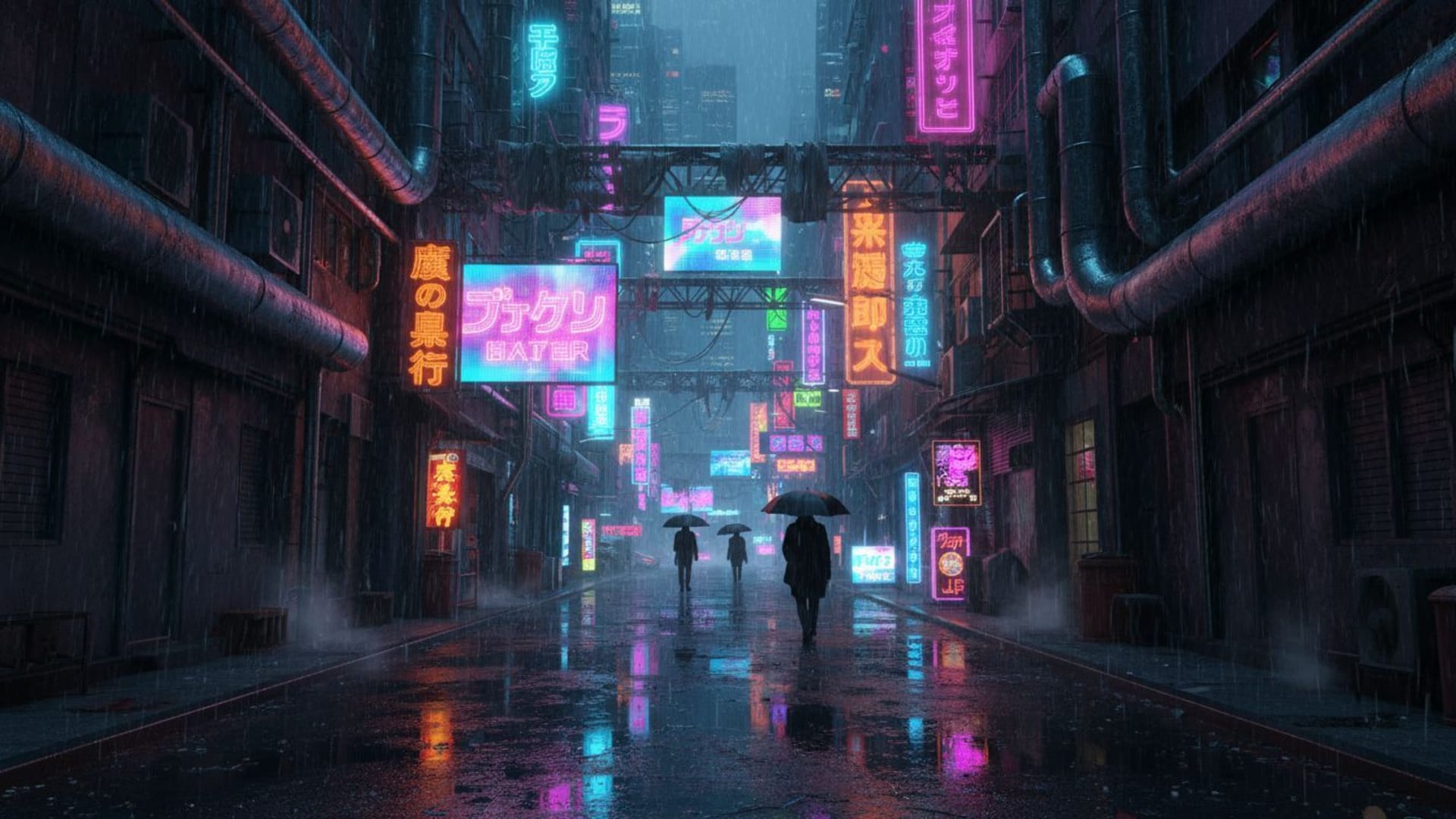 enseigne au néon brillante, ruelles de ville cybernétique, pluie, reflets, ambiance mélancolique, fond ecrane