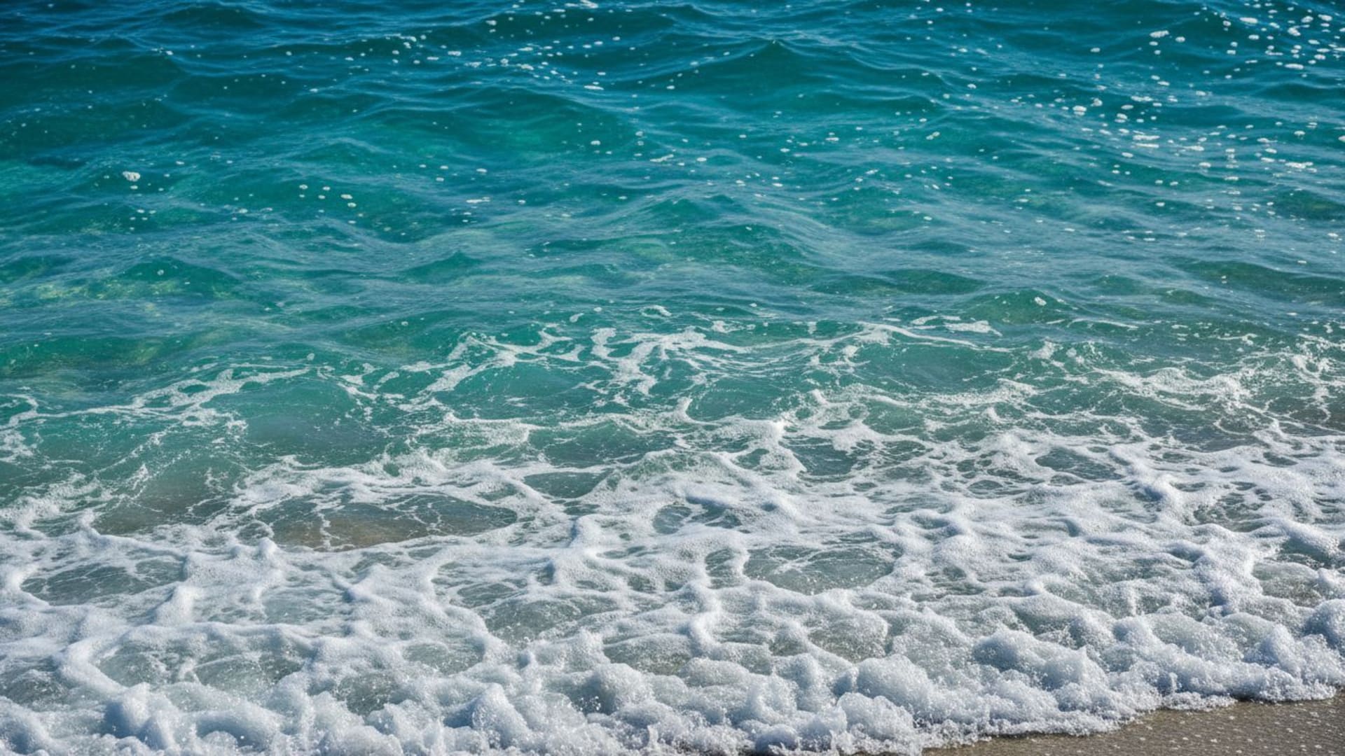 Vagues océaniques au gros plan, texture de mousse bleu turquoise, fond ecran macro plage, embrun et éclat du soleil.