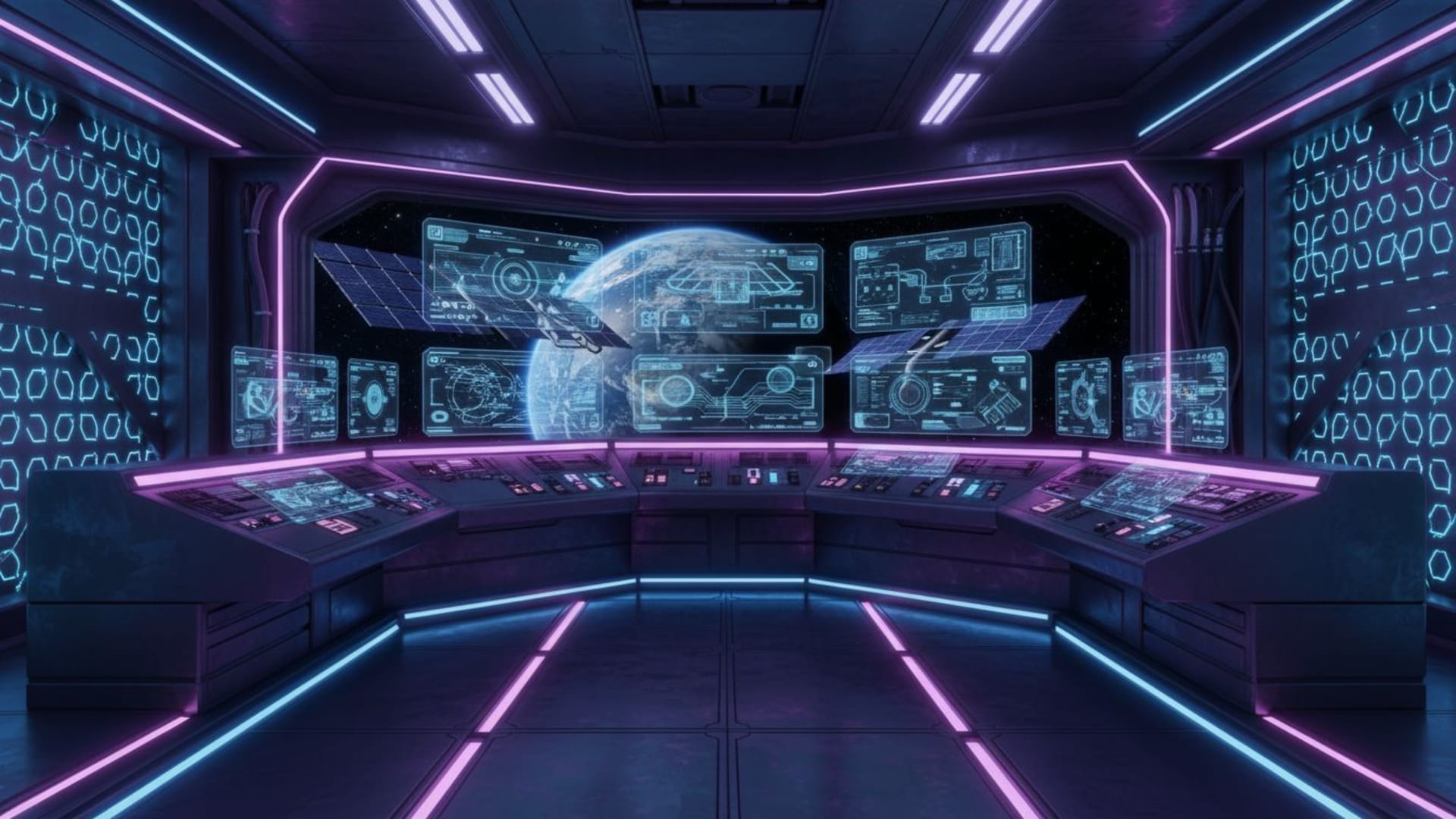 Intérieur de station spatiale, design futuriste, panneaux de tableau de bord, éclat de néon, fond ecran