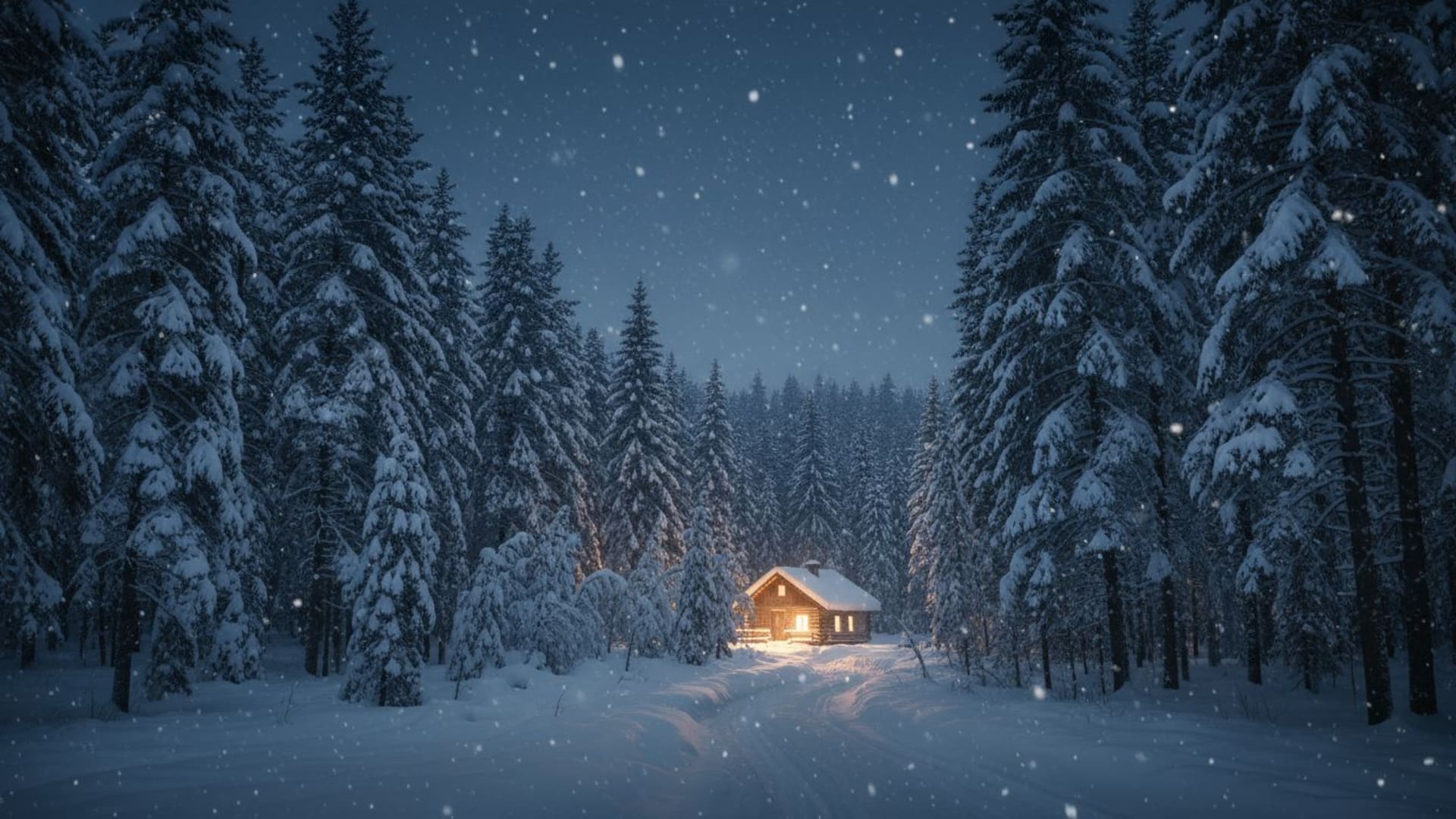 forêt d'hiver flocons de neige nuit silencieuse froid bleu fond ecran ambiance chaleureuse