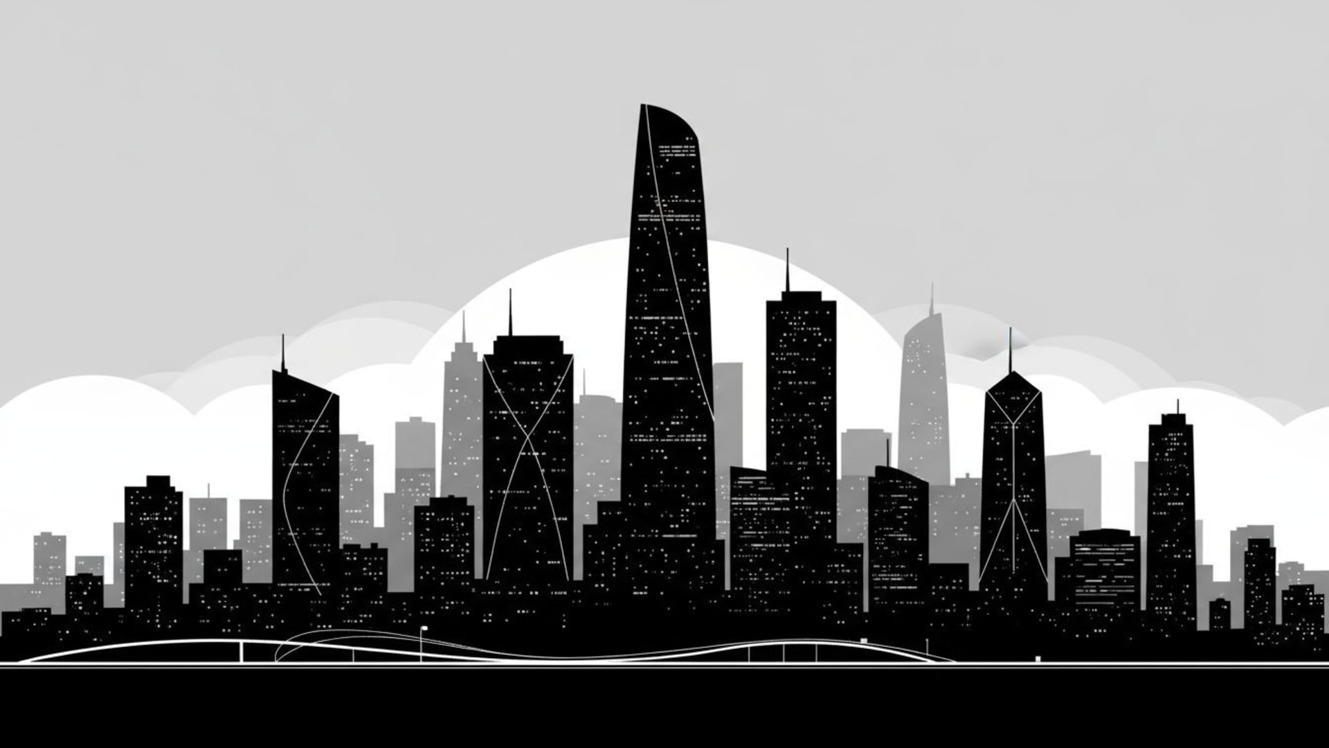 silhouette de la ligne d'horizon de la ville monochrome éclairée la nuit motif vectoriel urbain