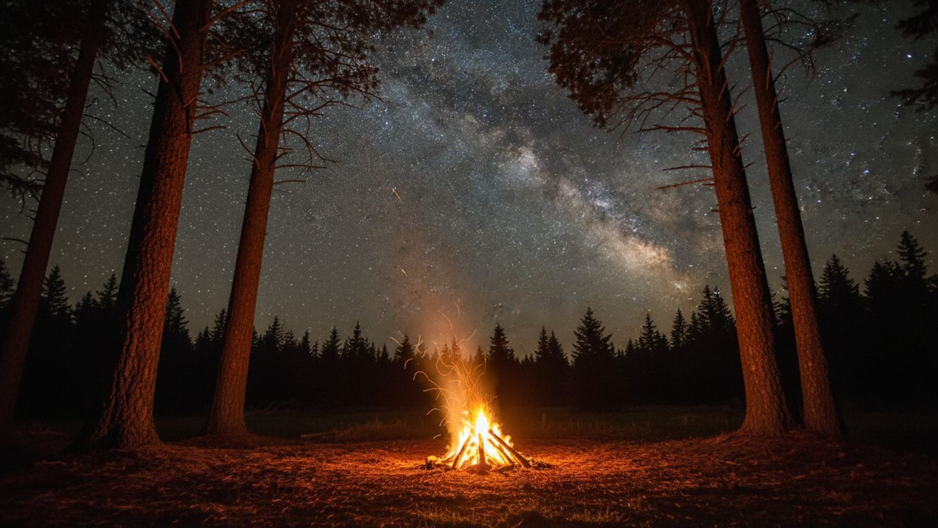 Nuit autour du feu ciel étoiles silhouettes arbres chaleur lueur ambiance chaleureuse fond d'écran