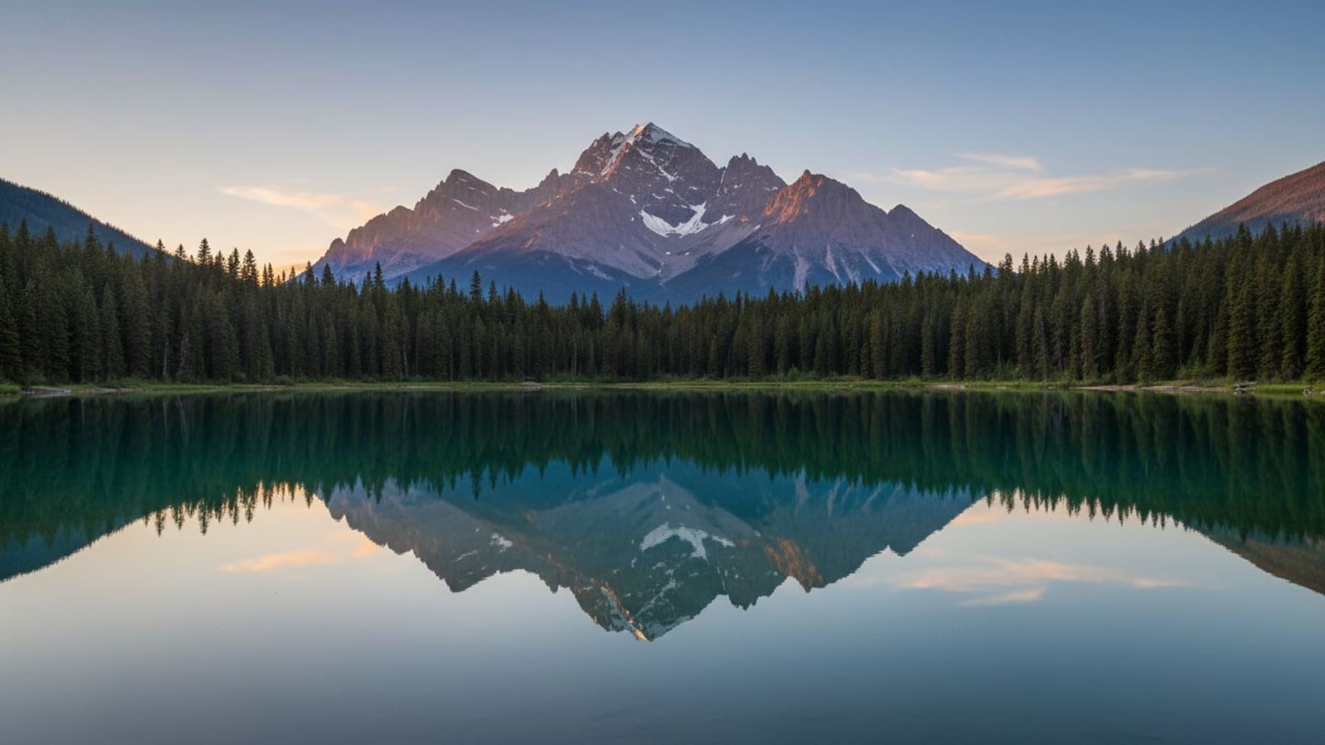 réflexion du lac de montagne, eau calme, forêt à feuilles persistantes, symétrie, paysage, fond ecran paysage