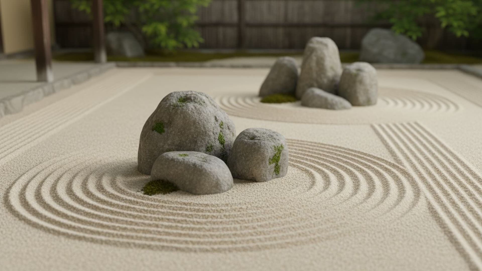 jardin zen rochers sable motifs ratissés minimal nature fond ecran calme