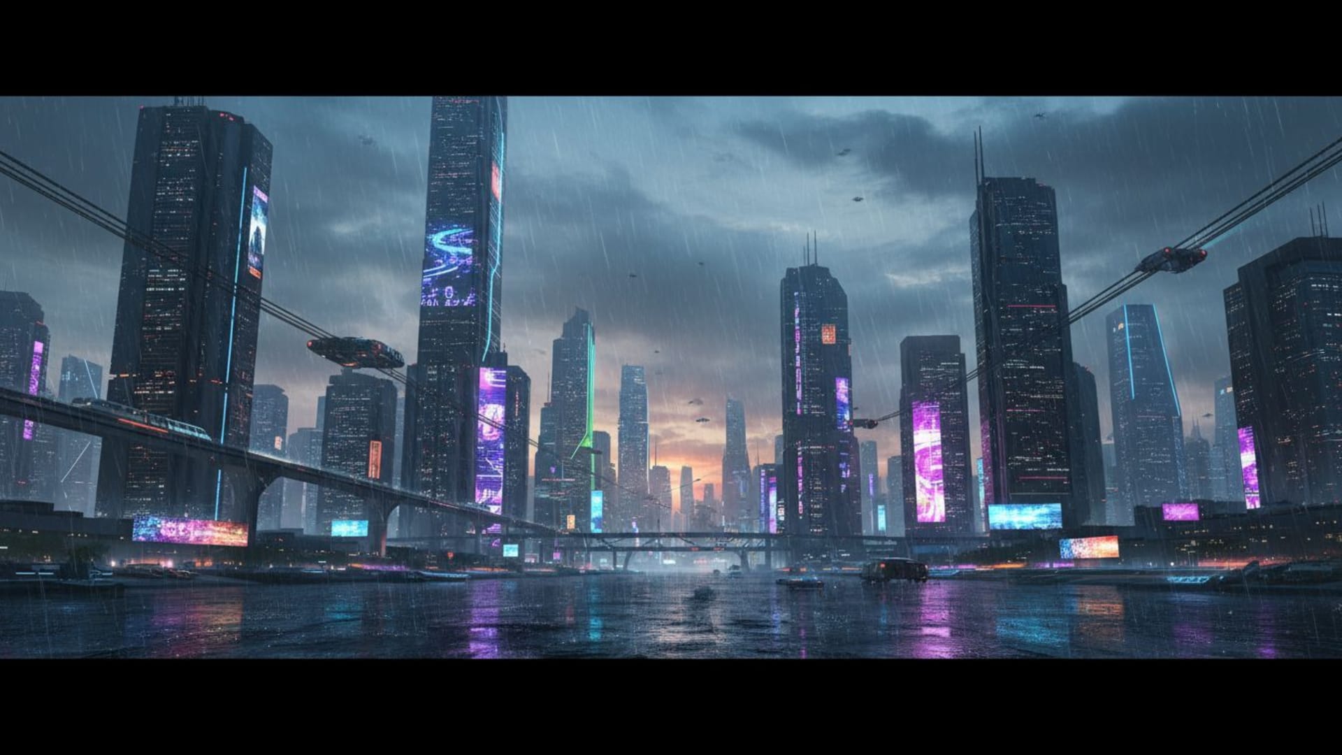Paysage urbain néon au crépuscule sous la pluie cyberpunk futuriste fond d'écran HD bureau