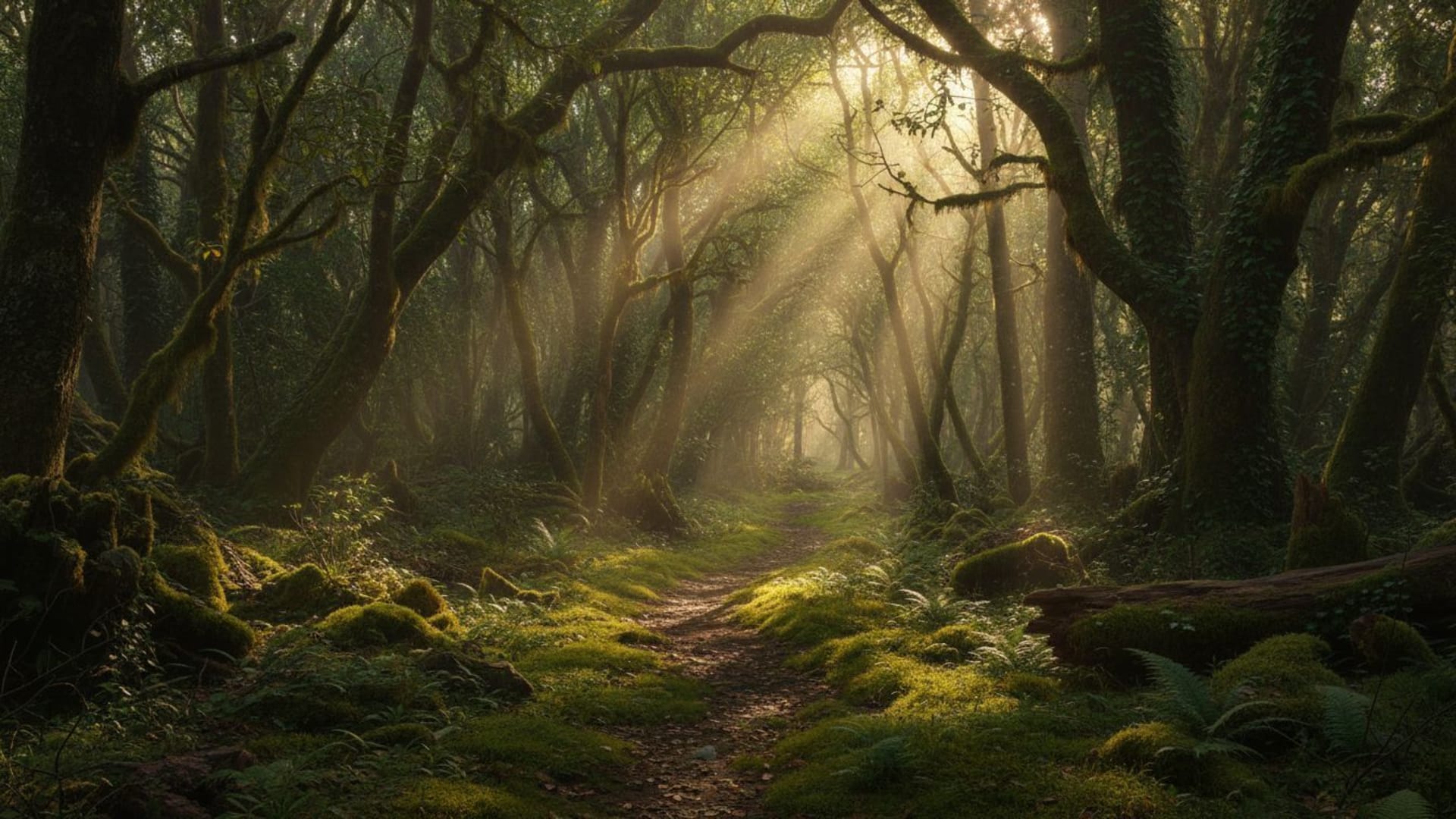chemin forestier mossy rayons de soleil mystère nature fond d'écran paisible bureau