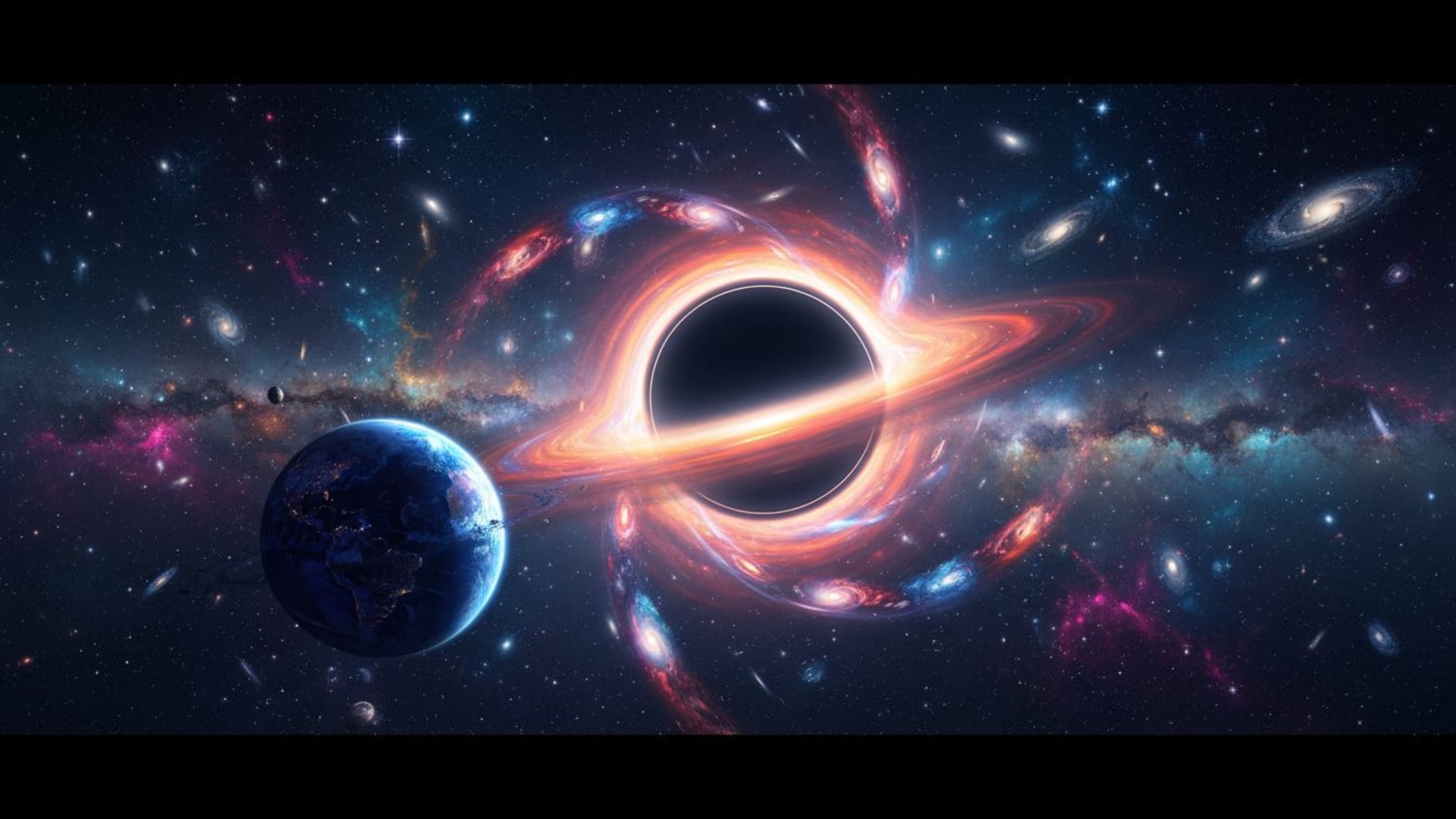 Espace trou noir planète étoiles lointaines étoiles fond ecran cosmique couleurs vives bureau