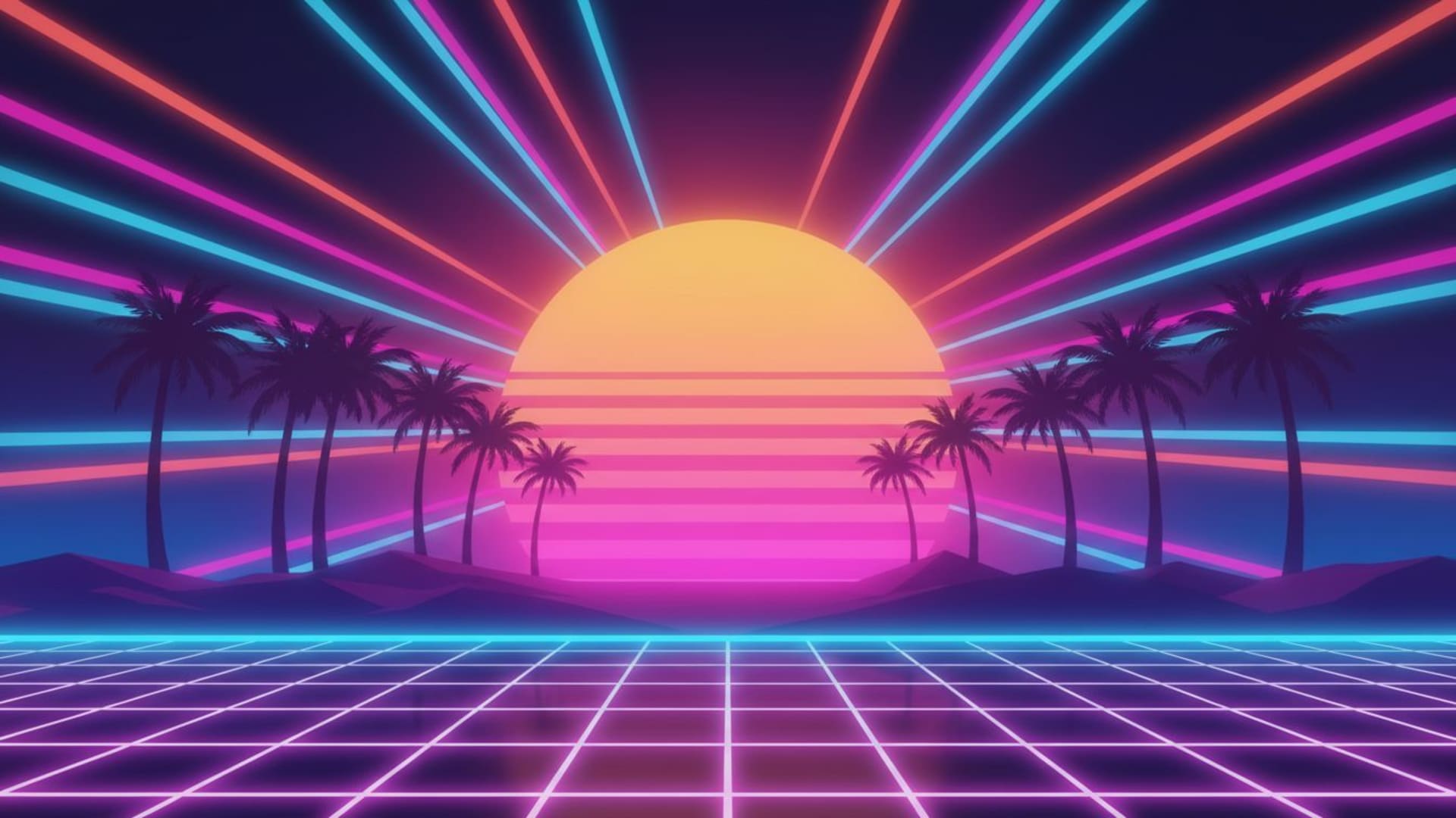 vapeur rétro vaporwave grille néon coucher de soleil palmiers fond d'écran ambiance années 80