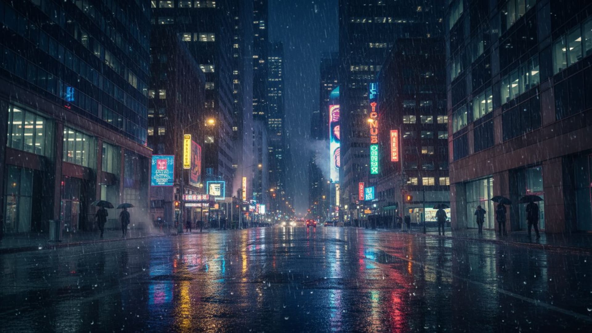Nuit de ville cinématographique pluie reflets ambiance esthétique fond d'écran bureau