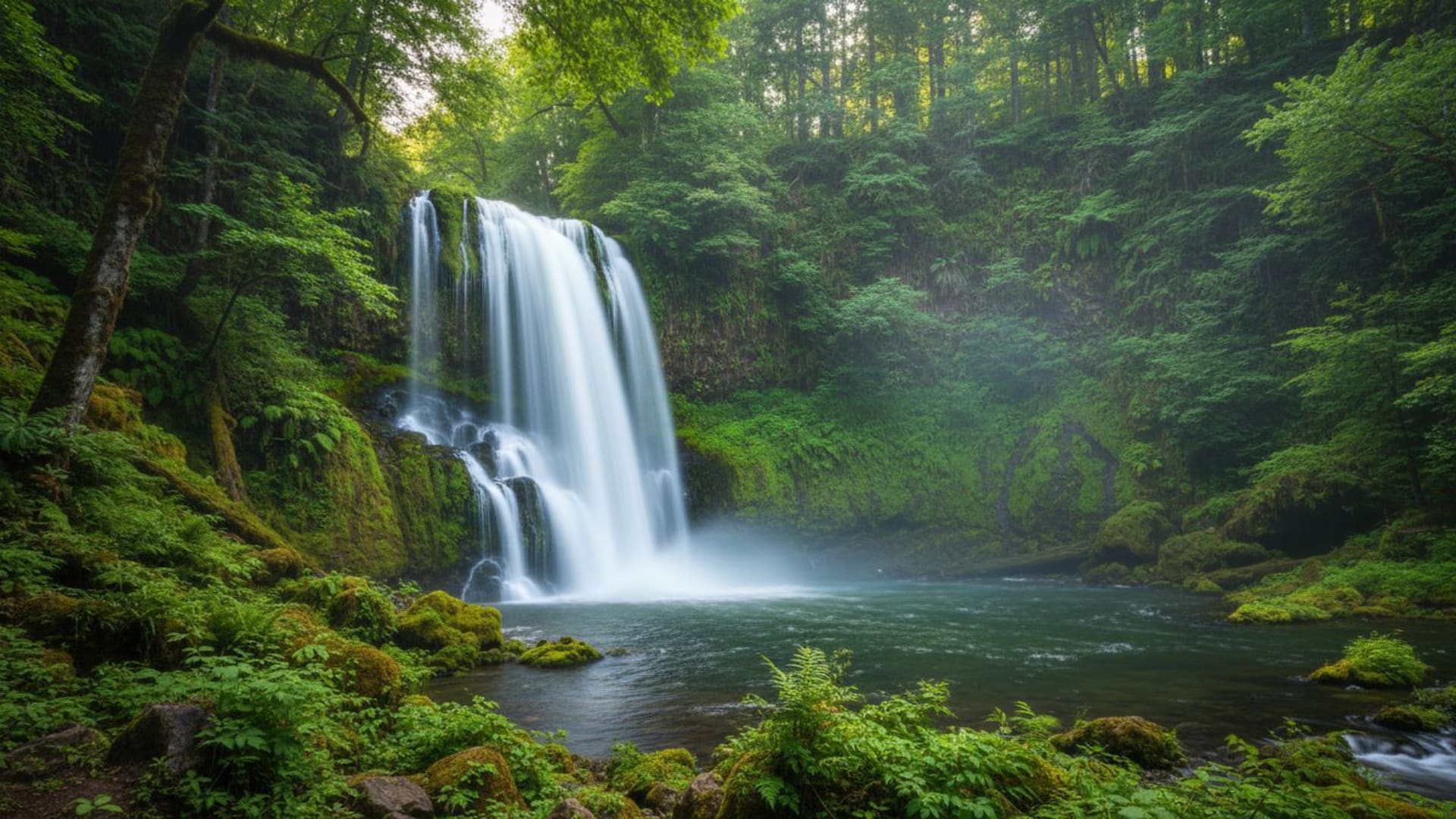 cascade de forêt brume verte luxuriante fond d'écran nature bureau haute résolution HDR