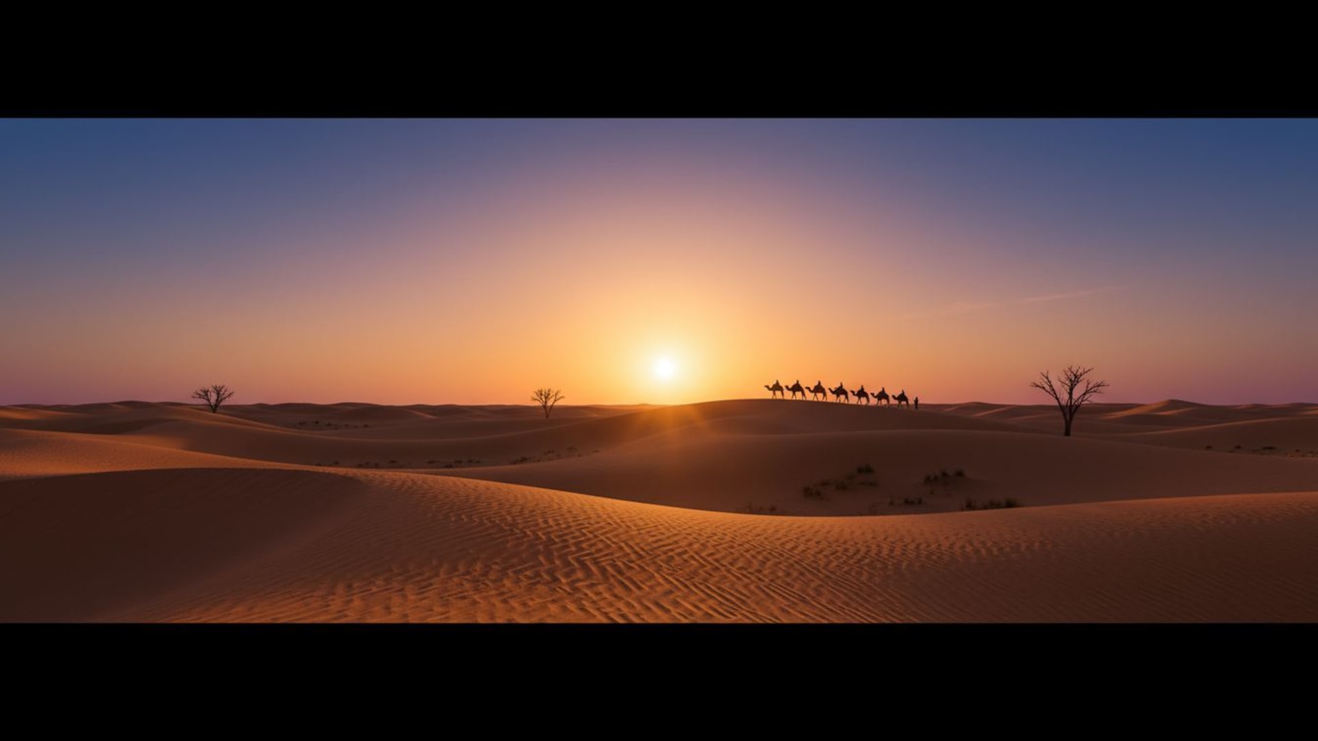Dunes désertiques coucher de soleil heure dorée silhouette paysage fond ecran large bureau