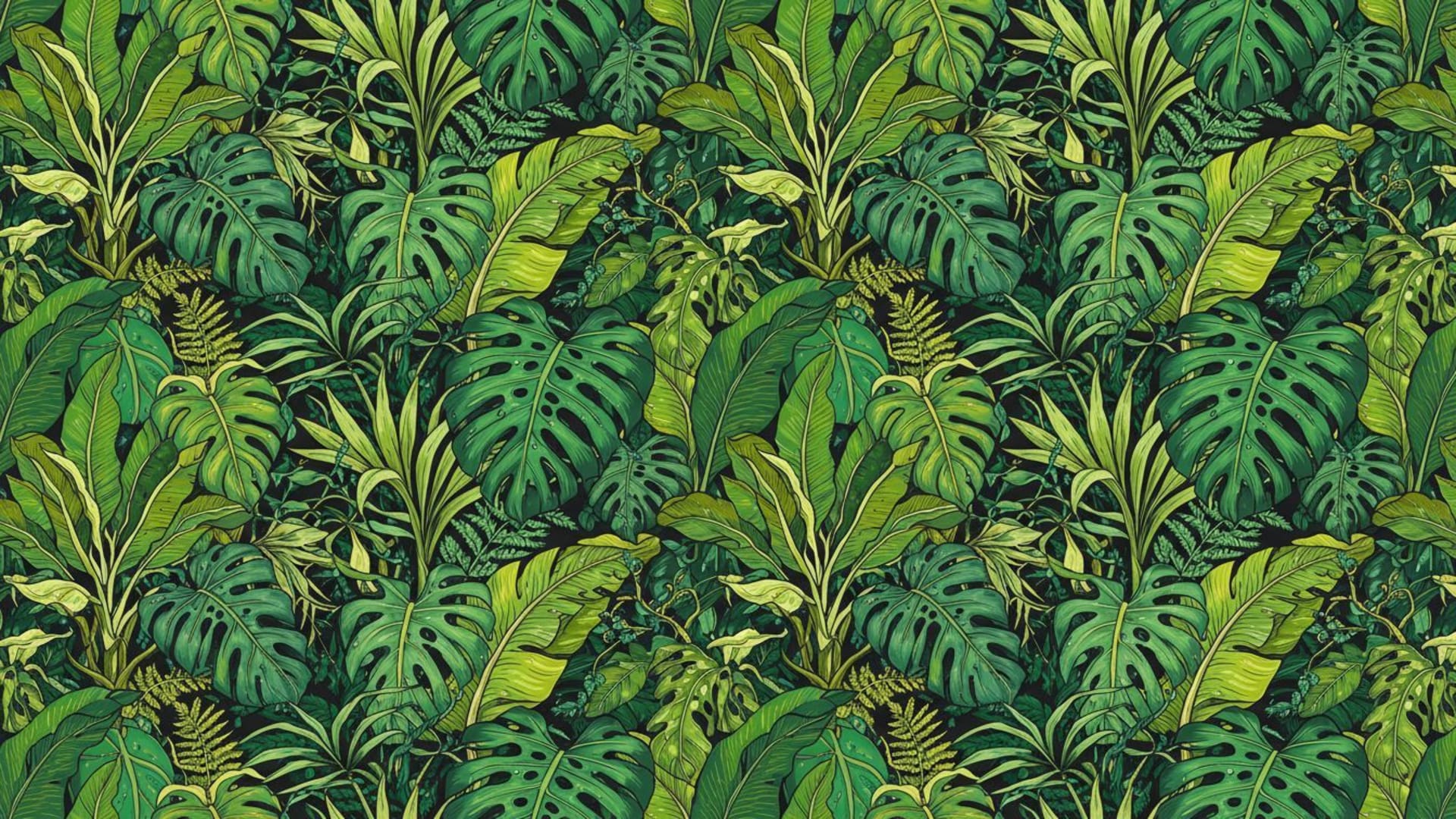 Forêt tropicale feuillage vert luxuriant jungle motif fond ecran botanique feuilles lianes surcroissance