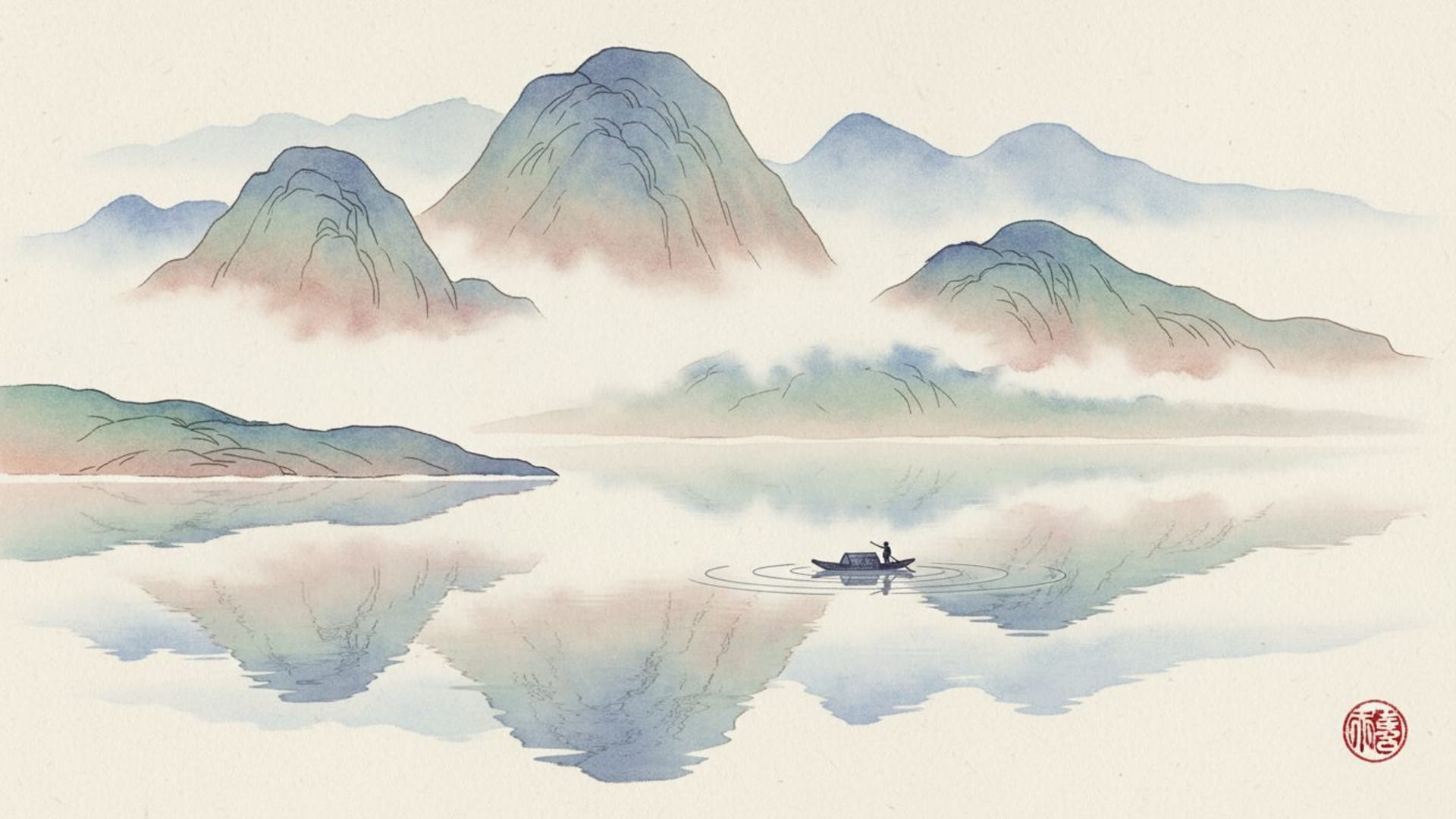 paysage serein de montagne au lac brumeux en aquarelle avec des couleurs douces et un fond d'écran paisible