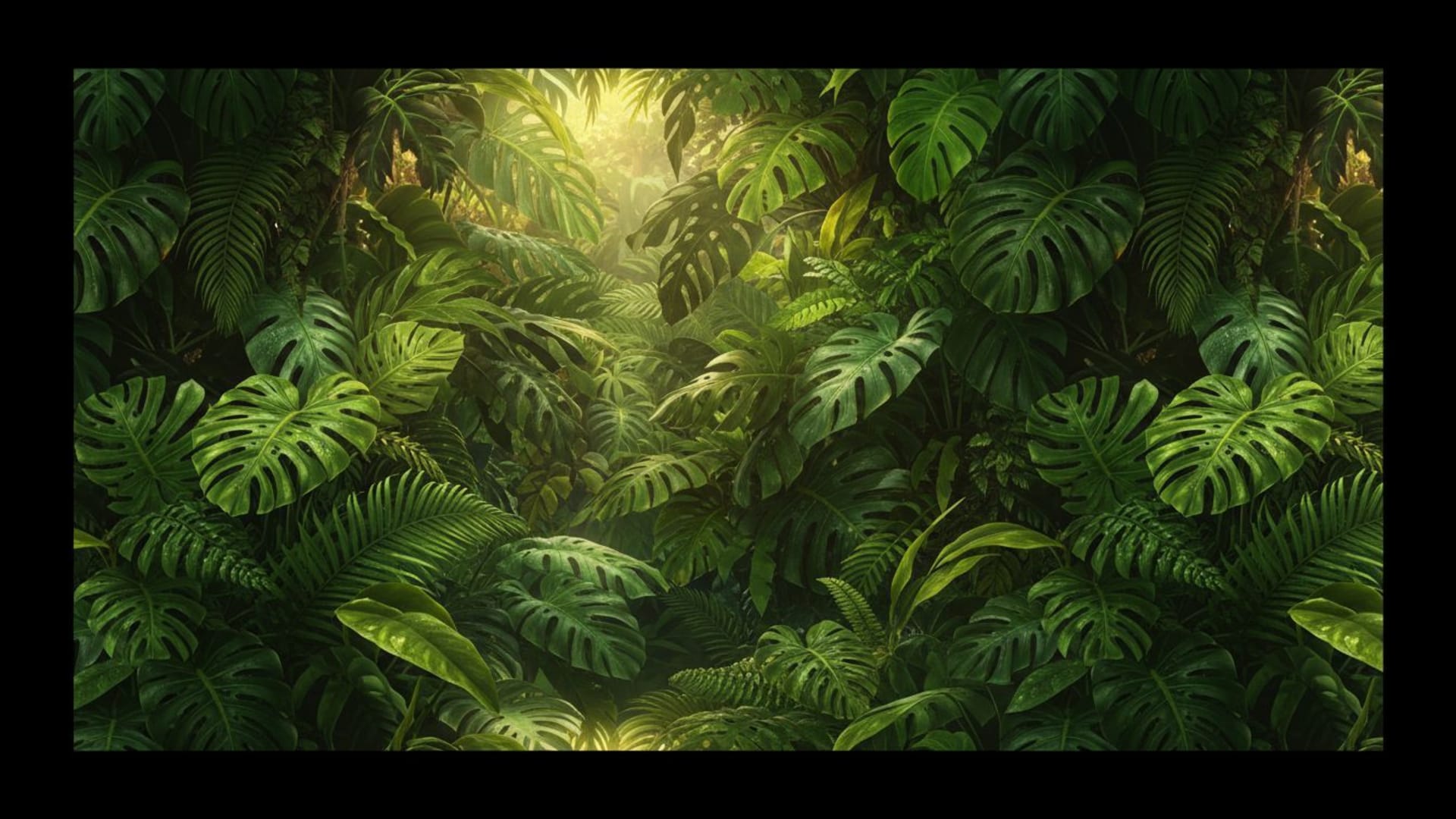 Feuilles de jungle tropicale vertes soleil fond ecran nature vibrante écran de bureau gros plan
