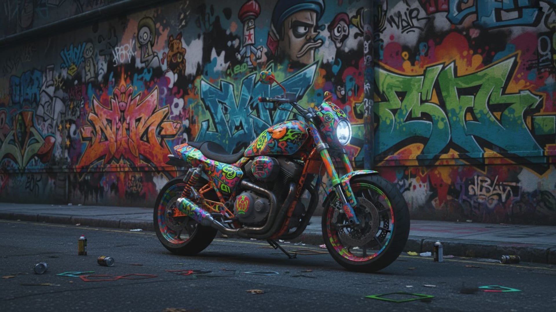 art urbain de graffiti de motos pour fond d'écran aux couleurs vives audacieuses.