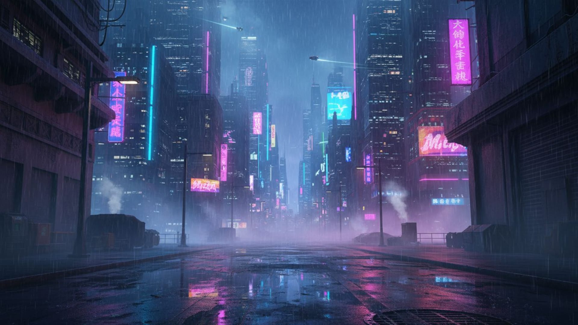 cyberpunk pluvieux ruelle néon paysage urbain onirique nuit sombre dégradé brouillard reflets mouillés