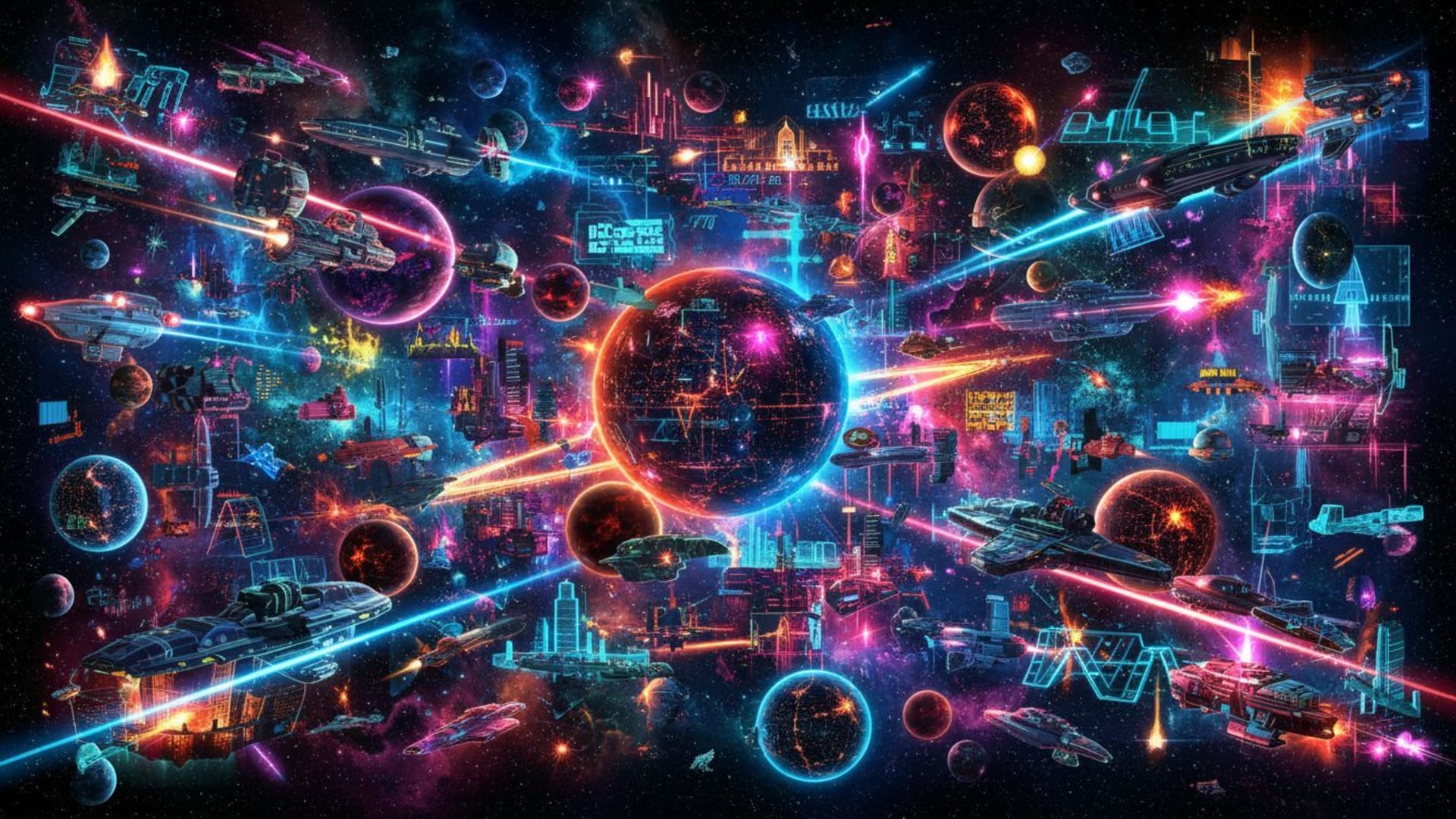 opéra spatial néon science-fiction collage fond ecran vaisseaux stellaires planètes galaxies bureau