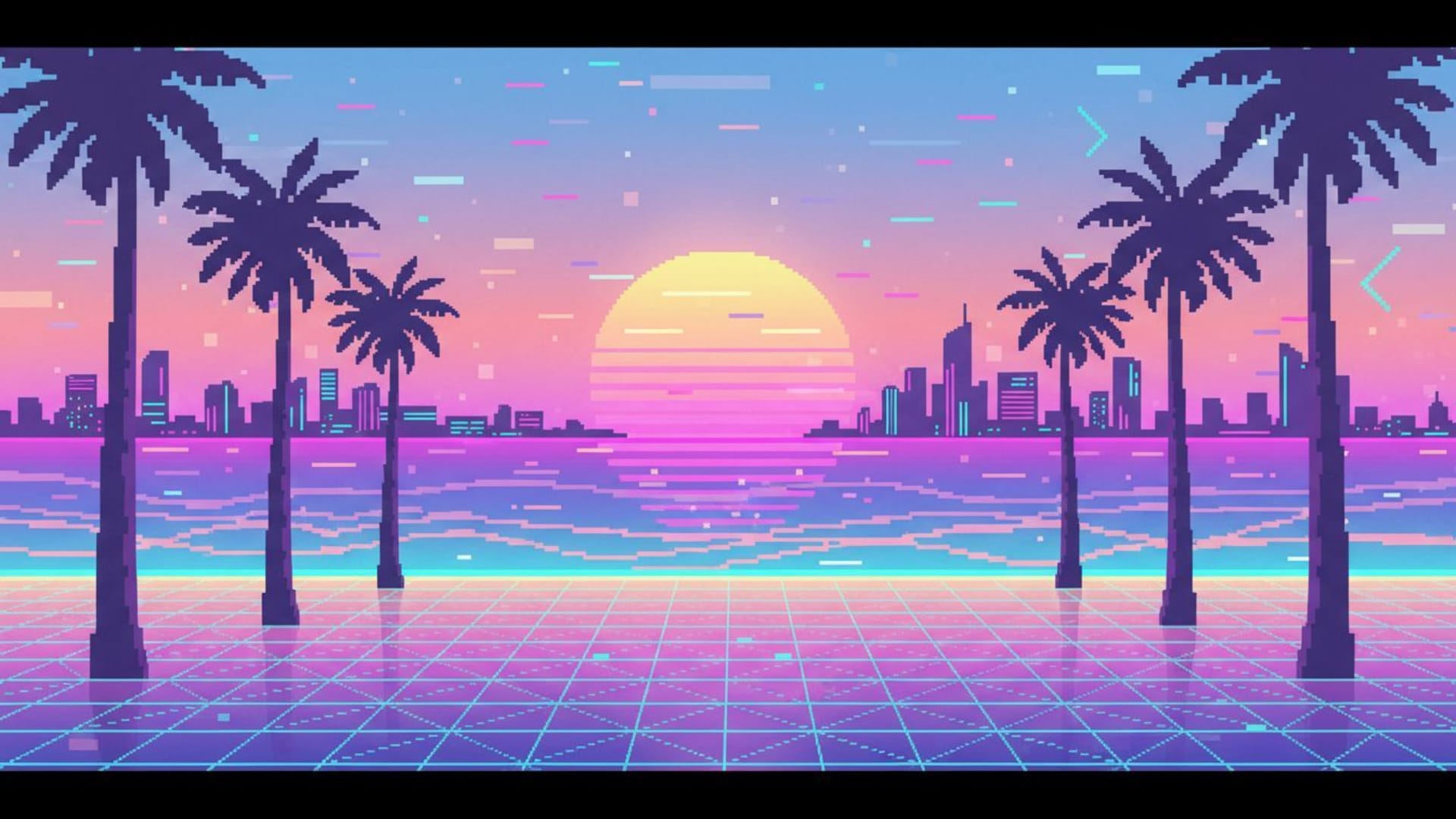 dégradé neon vaporwave coucher de soleil rétro pixel art pastel géométriques palmiers ocean horizon skyline silhouette rêve abstrait textures motifs