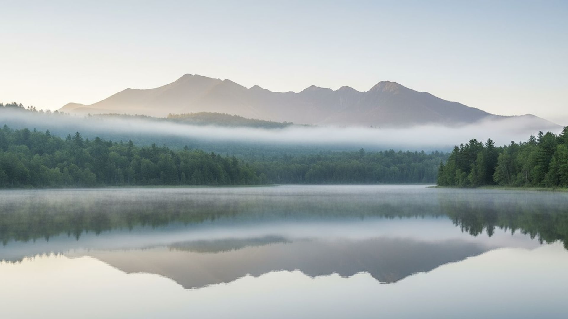 Sommet matinal brume lac reflet minimaliste calme forêt verte paysage paisible large panorama